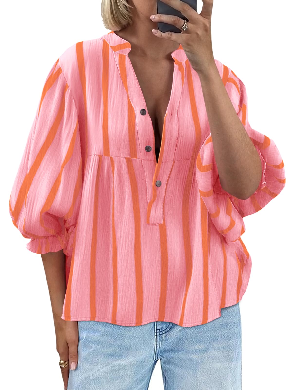 Tankaneo Womens Puff Sleeve Babydoll Tops Summer V Neck Striped Blouse Cute Casual Loose Fit Flowy Shirts