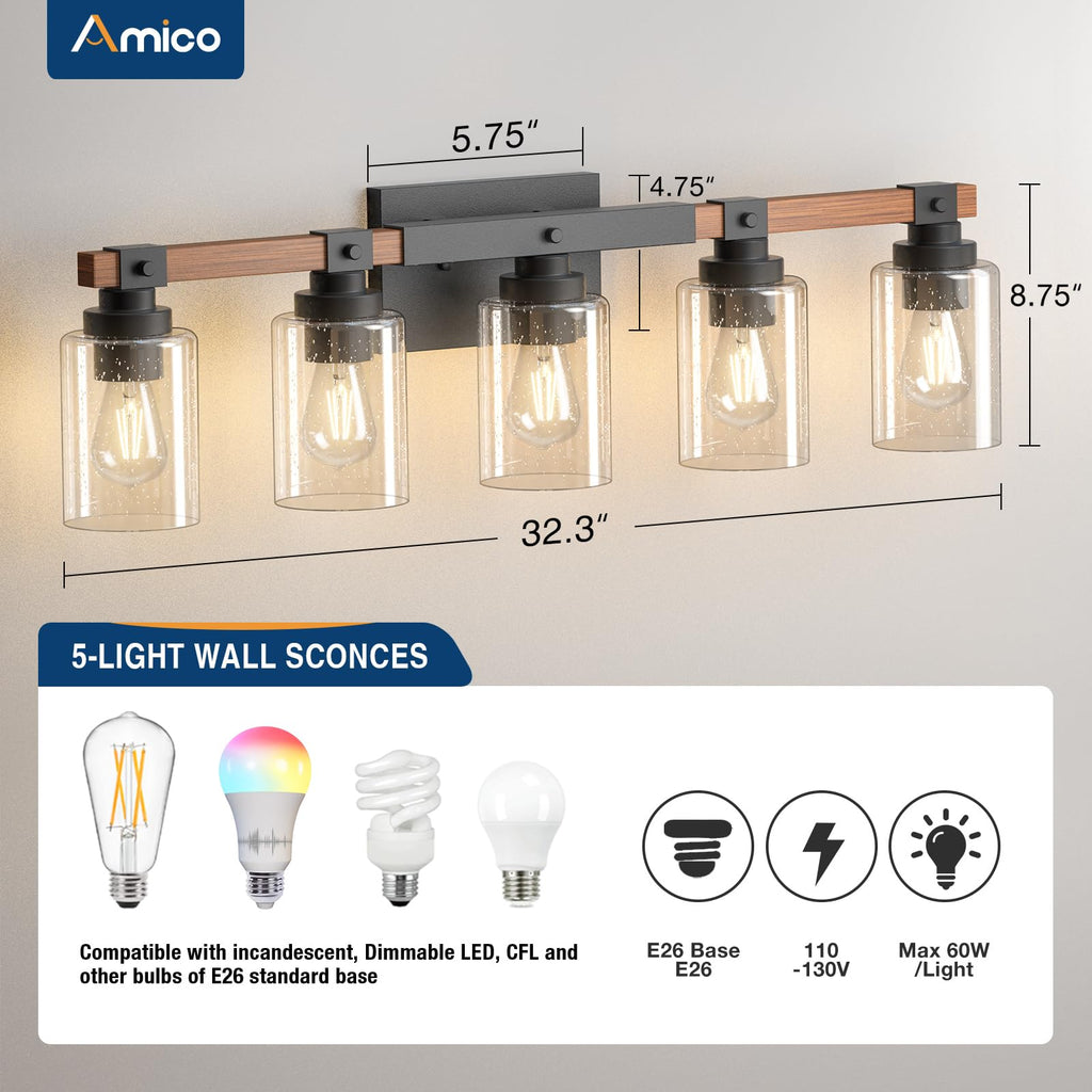 Amico 3-Light Farmhouse Vanity Light Fixture, Rustic Wood Bathroom Light Fixtures, Industrial Vintage Black Wall Sconces Lights with Bubble Glass Shade for Mirror, Bedroom, Living Room, Hallway