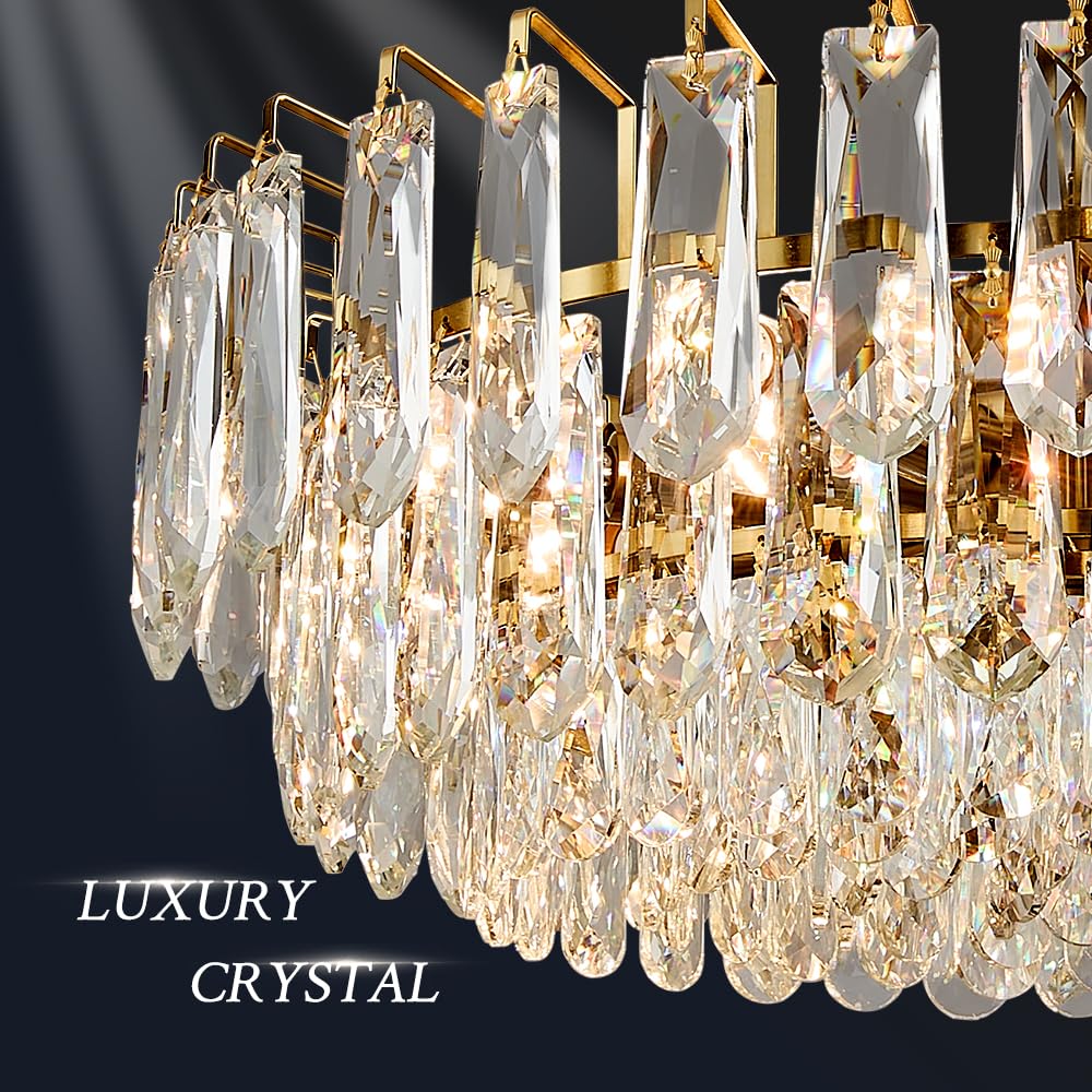 23.6" Modern Crystal Chandelier with Grey Crystal Gold 3-Tier Luxury Pendant Light 12-Light Ceiling Pendant Lighting for Dinning Room Living Room Foyer