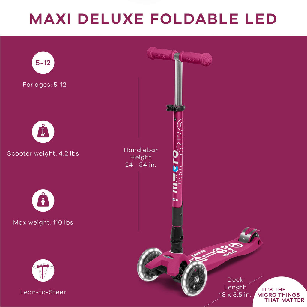 Micro Kickboard | Maxi Foldable LED Kids Scooter for Ages 5-12 | Children up to 110 lbs | 3 Wheel Lean-to-Steer Design | Adjustable T Bar | Smooth Ride, Motion Activated PU LED Wheels | Swiss Design