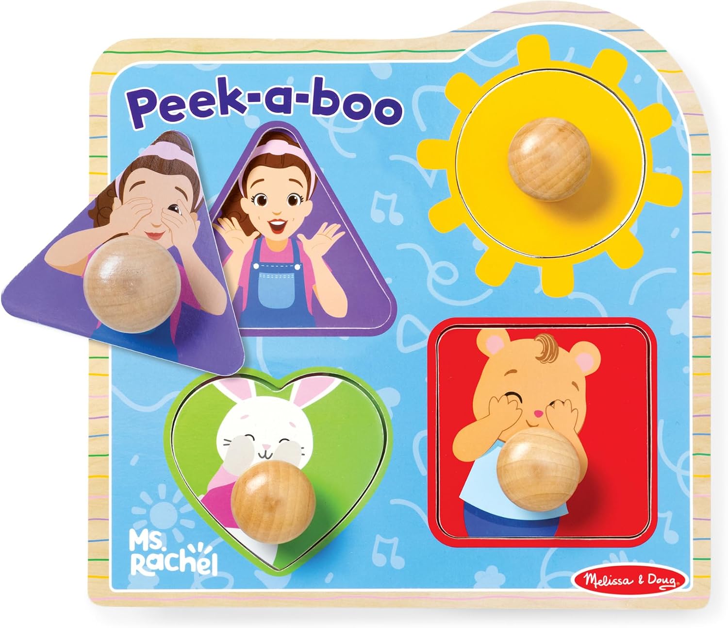 Melissa & Doug® Ms. Rachel™ Wooden Peek-a-Boo Jumbo Peg Puzzle, 4-Piece with Mirror, Toddler Toys for Boys and Girls Ages 1+ Years
