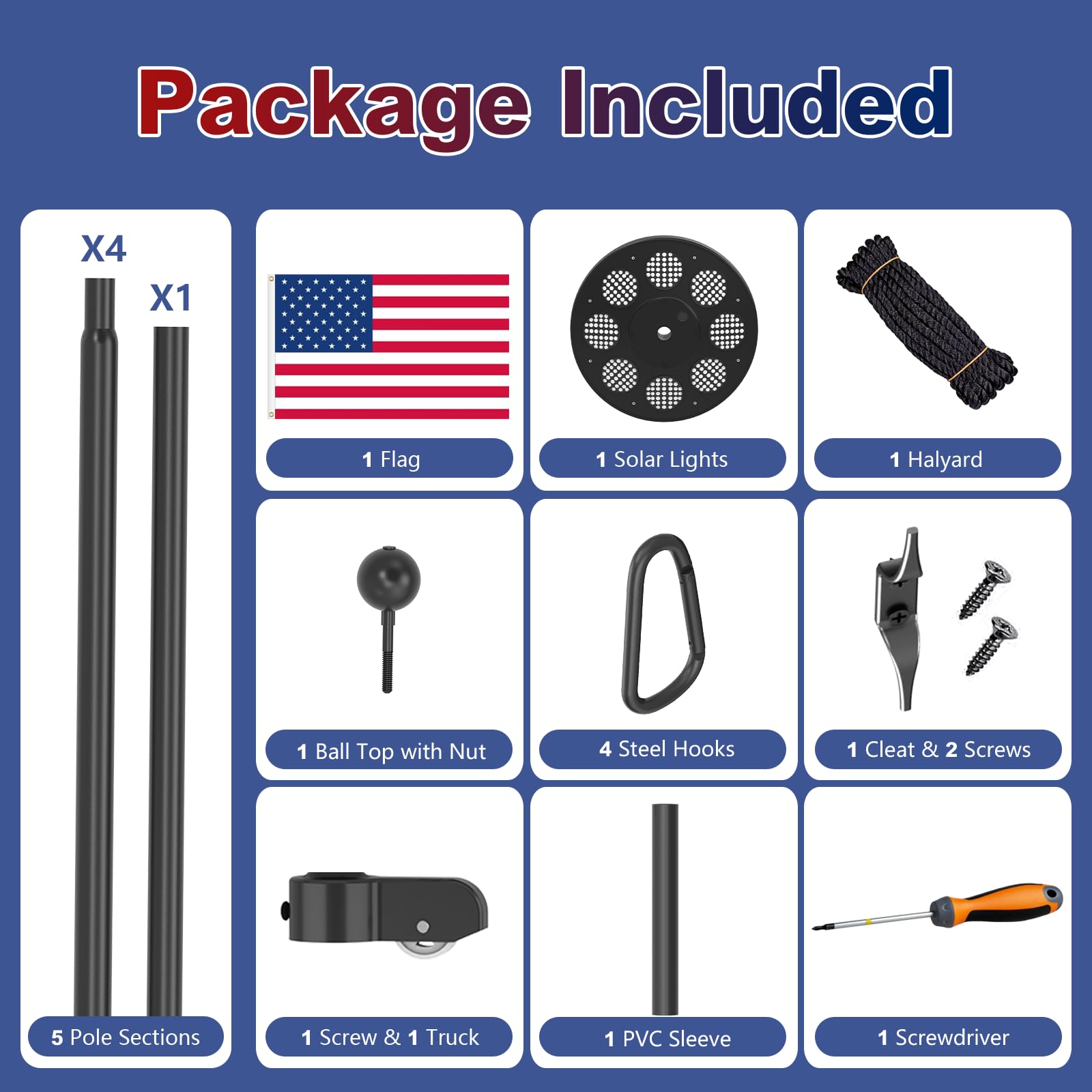 Upgraded 10 Gauge 20FT Heavy Duty Flag Pole Kit with 136 LED Solar Light, Extra Thick Flagpole for Outside House in Ground, Bottom 3 mm Thick & Width 3.35 in, 120MPH Wind Rated
