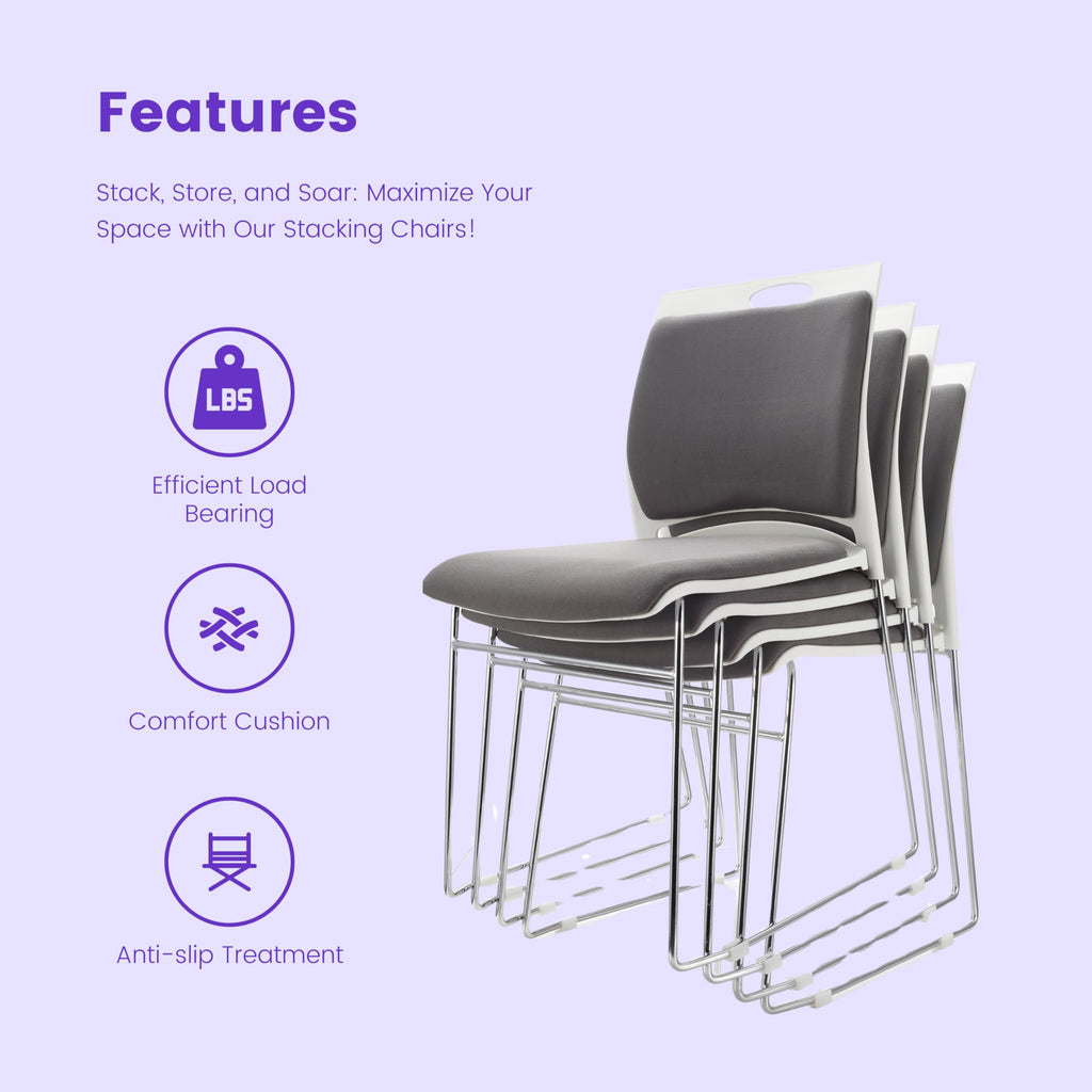 4 Pack Stacking Chairs 1102LB Capacity Home Office Guest Chair Set With Sled Base, Modern Reception Chair for Kitchen, Waiting Room, Multi-Purpose, Break Room, Training, Cafeteria, Gray Color