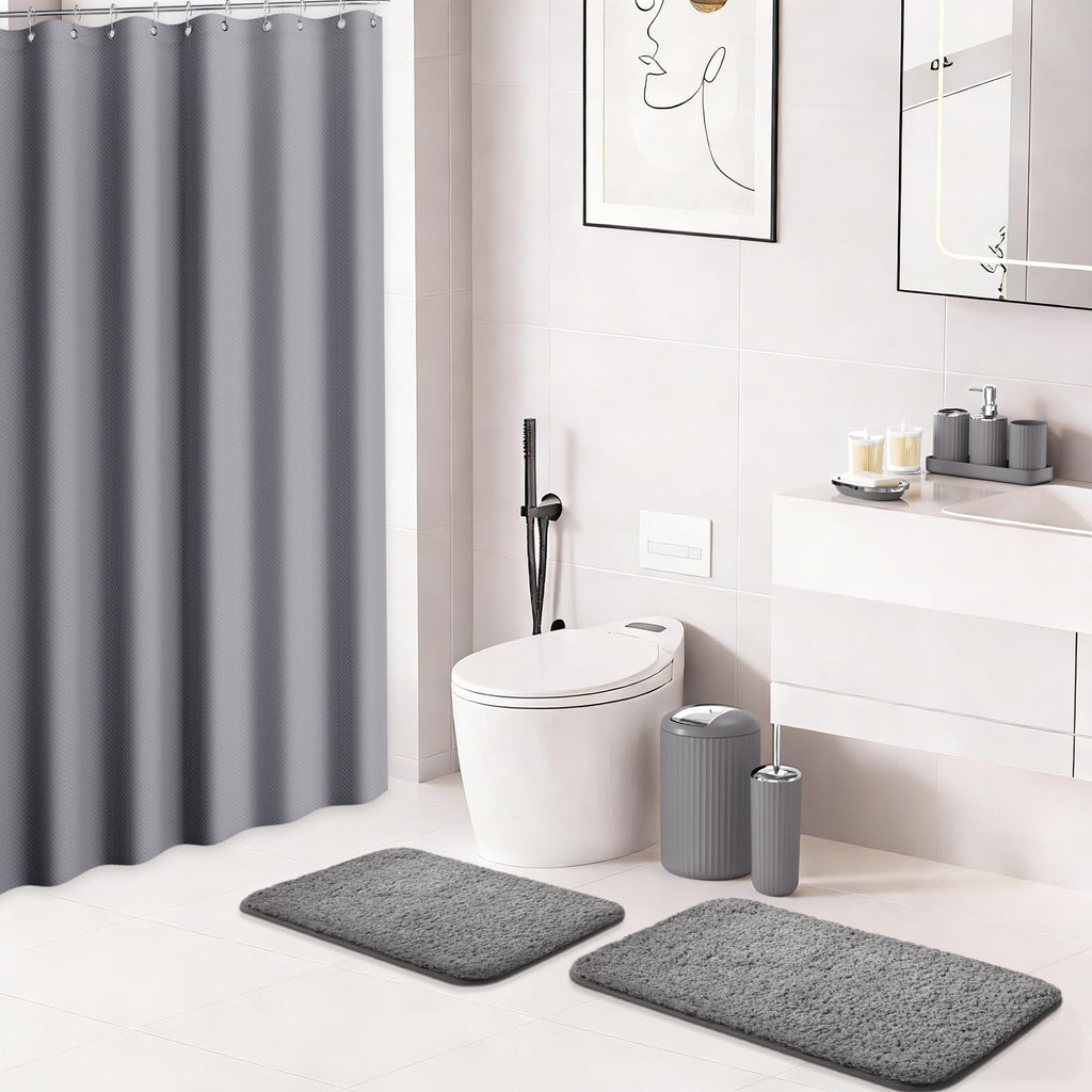 XLHOMO 24 PCS Black Bathroom Accessories Set with Shower Curtain and Rugs, Bathroom Decor Set with Trash Can, Toilet Brush, Soap Dispenser, Toothbrush Holder, Tumbler, Soap Dish and Jars