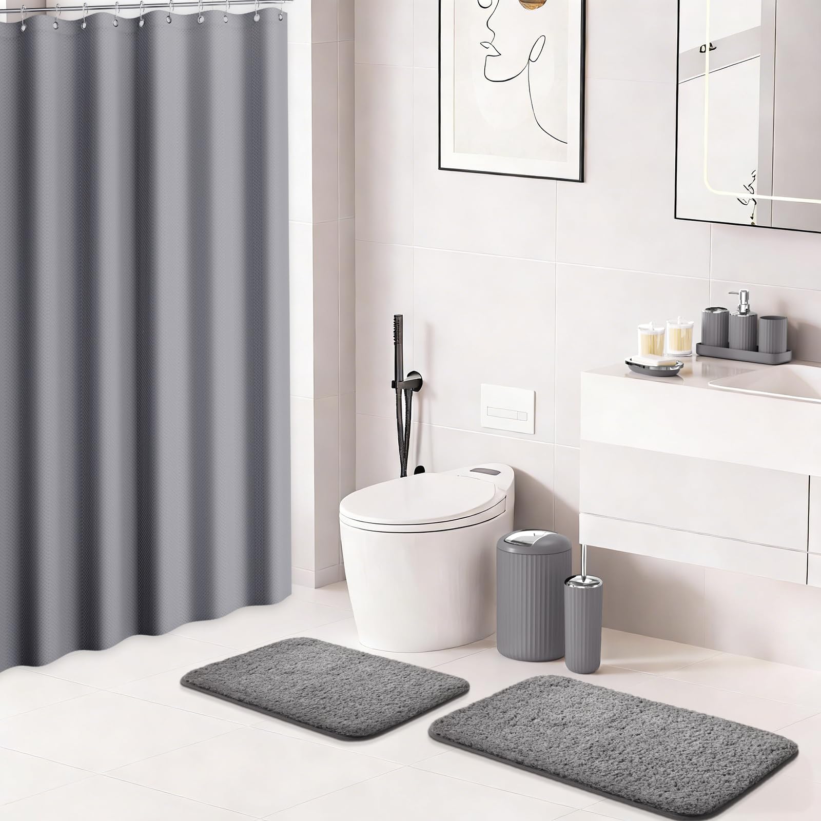 XLHOMO 24 PCS Black Bathroom Accessories Set with Shower Curtain and Rugs, Bathroom Decor Set with Trash Can, Toilet Brush, Soap Dispenser, Toothbrush Holder, Tumbler, Soap Dish and Jars