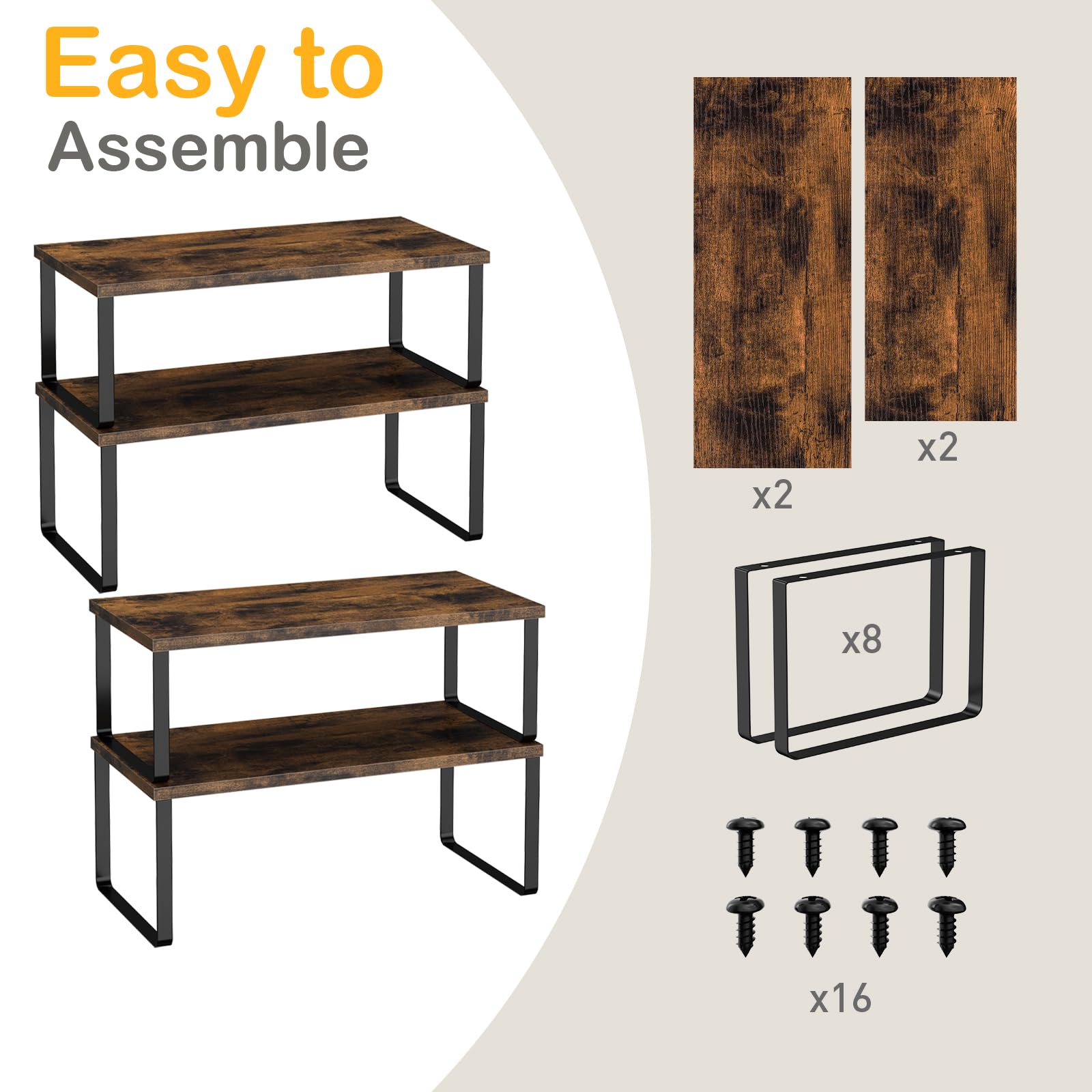 OGEMXU Cabinet Shelf Organizers, 15.7 inches Large Kitchen Counter Shelf, Set of 2 Wood Kitchen Pantry Organizer, Storage Shelves for Countertop, Spice Rack, Stackable, Expandable, Metal Black, Brown