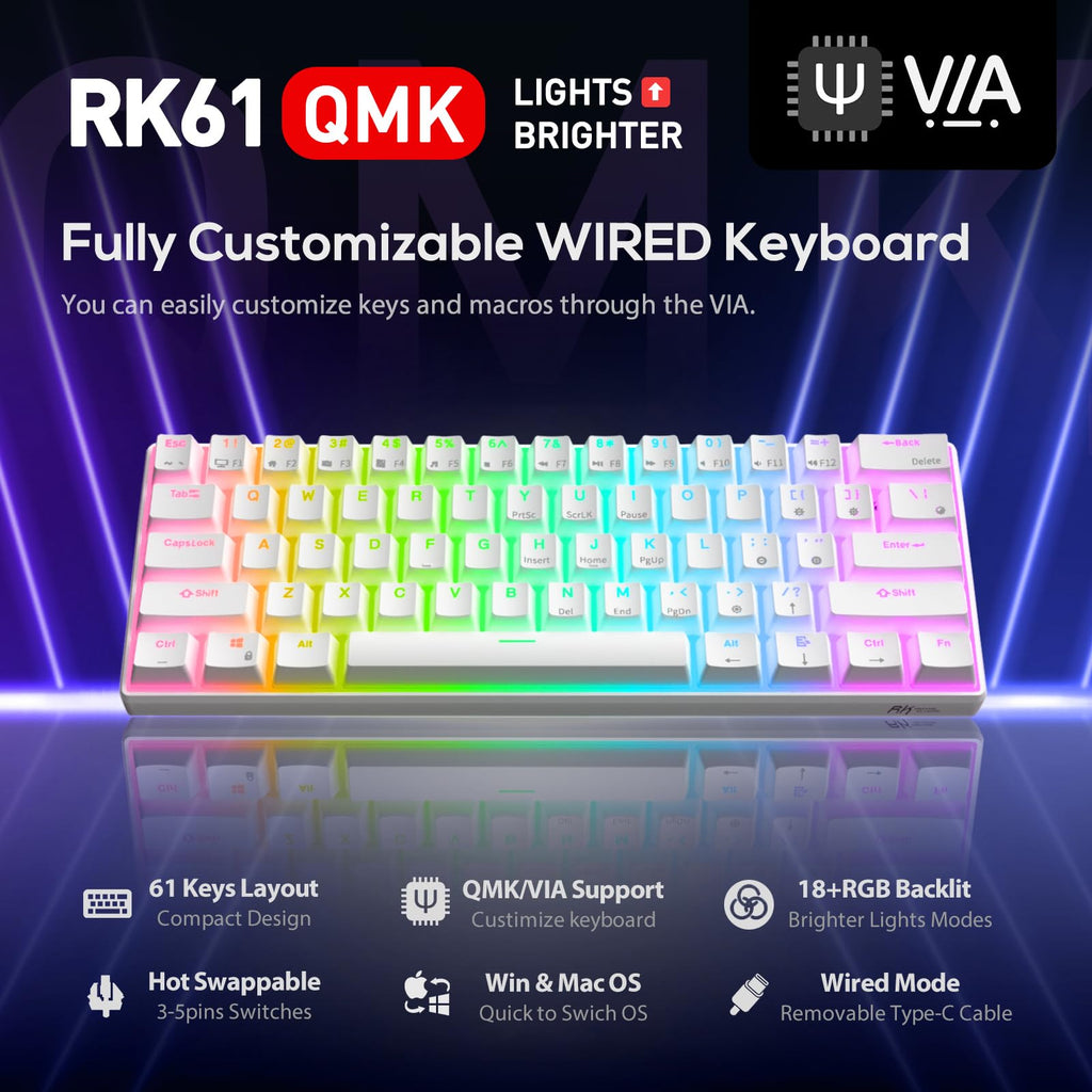 RK ROYAL KLUDGE RK61 Wired 60% Mechanical Gaming Keyboard Programmable QMK/VIA RGB Backlit 61 Keys Ultra-Compact Hot Swappable Brown Switch Black