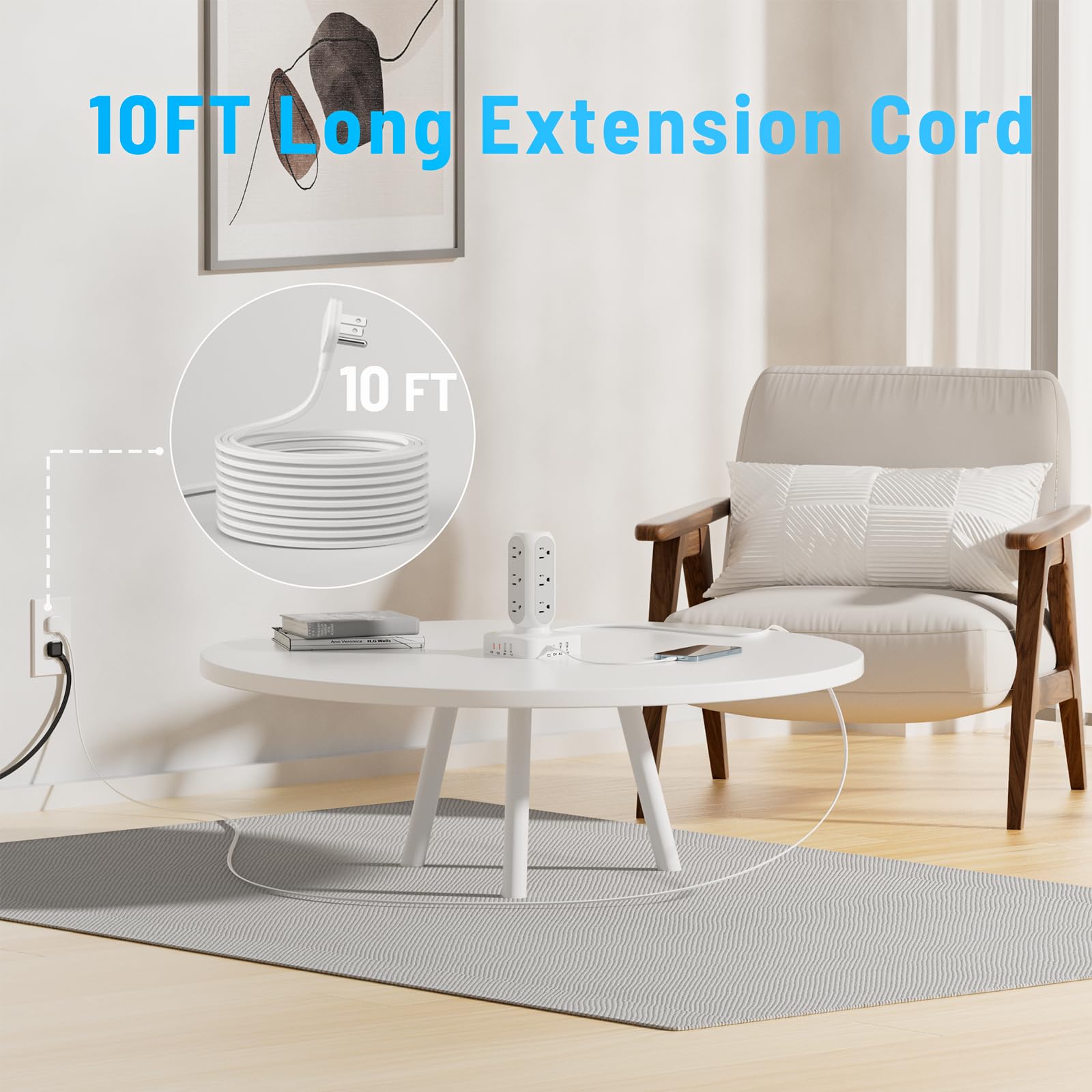 Flat Plug Power Strip Tower, TenTrend Dual PD 20W USB-C Charger Tower with 12 AC Outlets & 8 USB Ports (4 USB C), 40W Total Fast Charging Station, 10FT Extension Cord for Desk Office Dorm Room