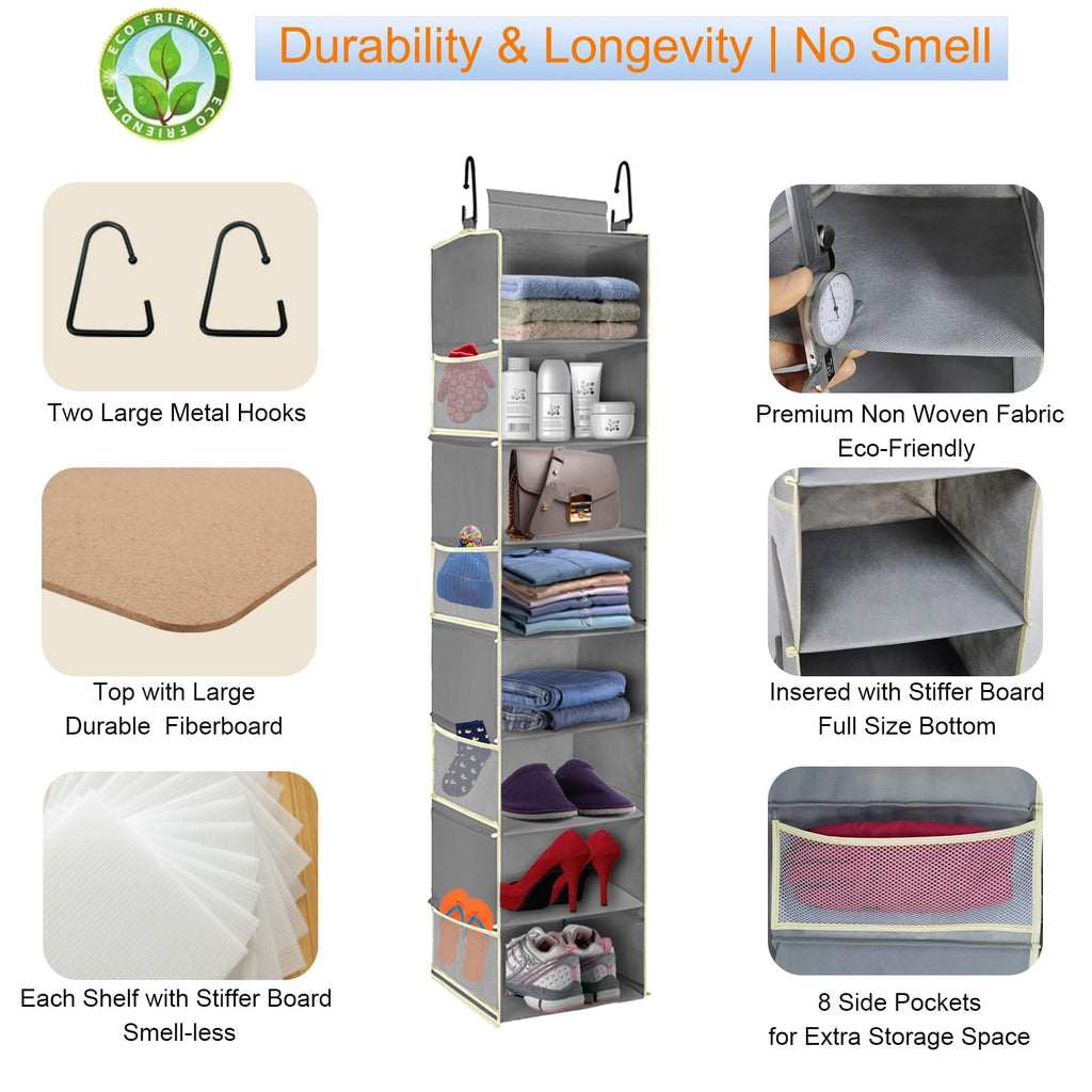 Large-Sized Hanging Shoe Organizer 8-Shelf, Hanging Closet Organizer with 8 Side Pockets, Wider Hanging Shelves for Storage Shoes Clothes 9" W × 11.8" D× 48" H, Beige.