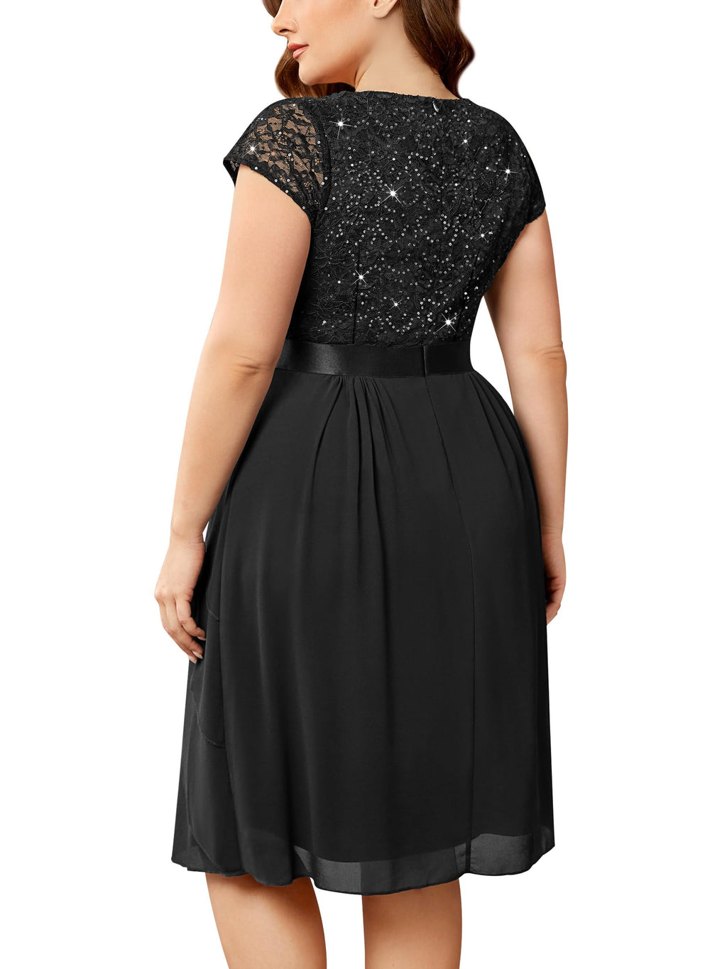 Miusol Women's Plus Size Sequin Lace V Neck Ruffle Tiered Chiffon Cocktail Party Dress