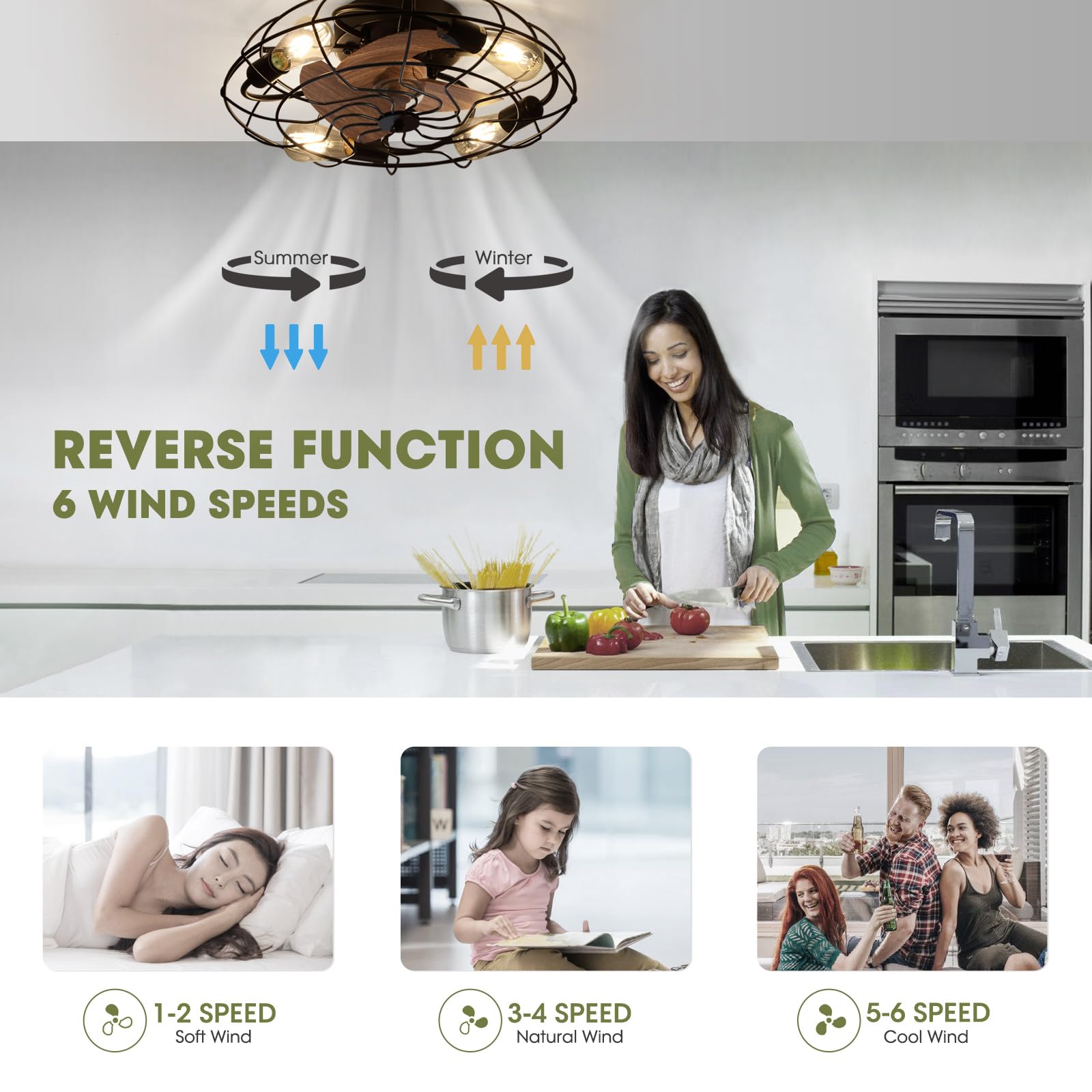 LUDOMIDE Caged Ceiling Fan Light with Remote, 21" Small Flush Ceiling Light with 3 Enclosed Blades and 6 Wind Speeds for Bedroom, Living Room