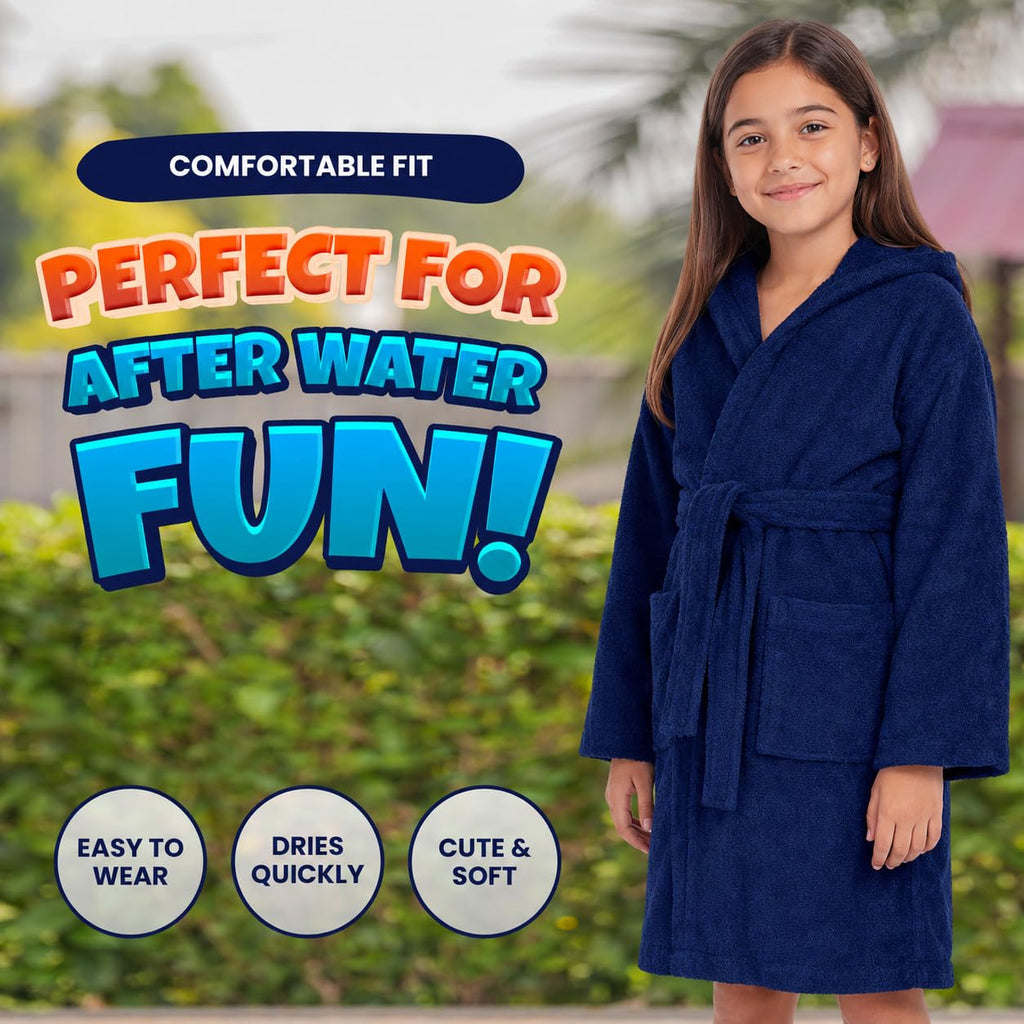 ALLEN & MATE 100% COTTON Hooded Kids Bathrobe – Soft, Medium Weight Absorbent Bath Towel Robe for Boys & Girls, 6-15 Years