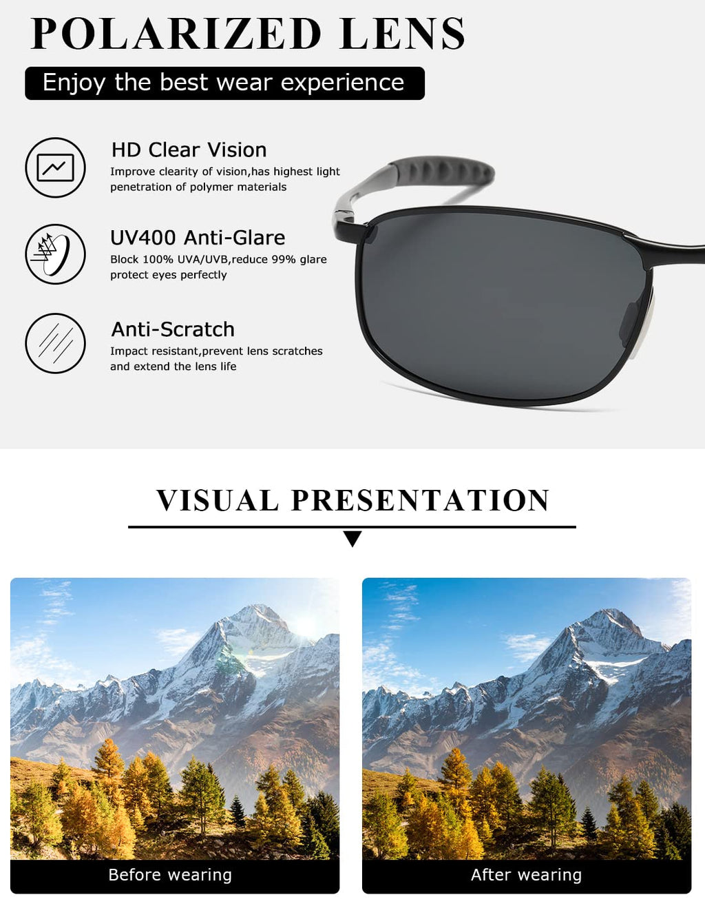 AEVOGUE Polarized Sunglasses For Men Rectangle Metal Frame Retro Sun Glasses AE0395