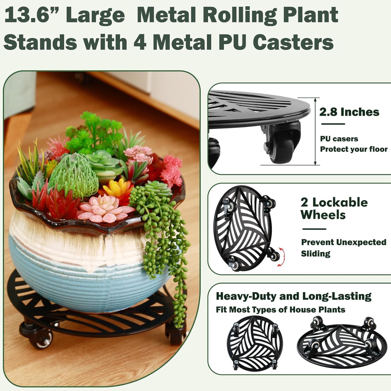 1 Pack 12 inches Large Metal Plant Caddy with 3 PU Metal Wheels Rolling Plant Stand with Casters Indoor Outdoor Wheeled Planter Roller Base Pot Movers Plant Dolly Coaster Trolley Black