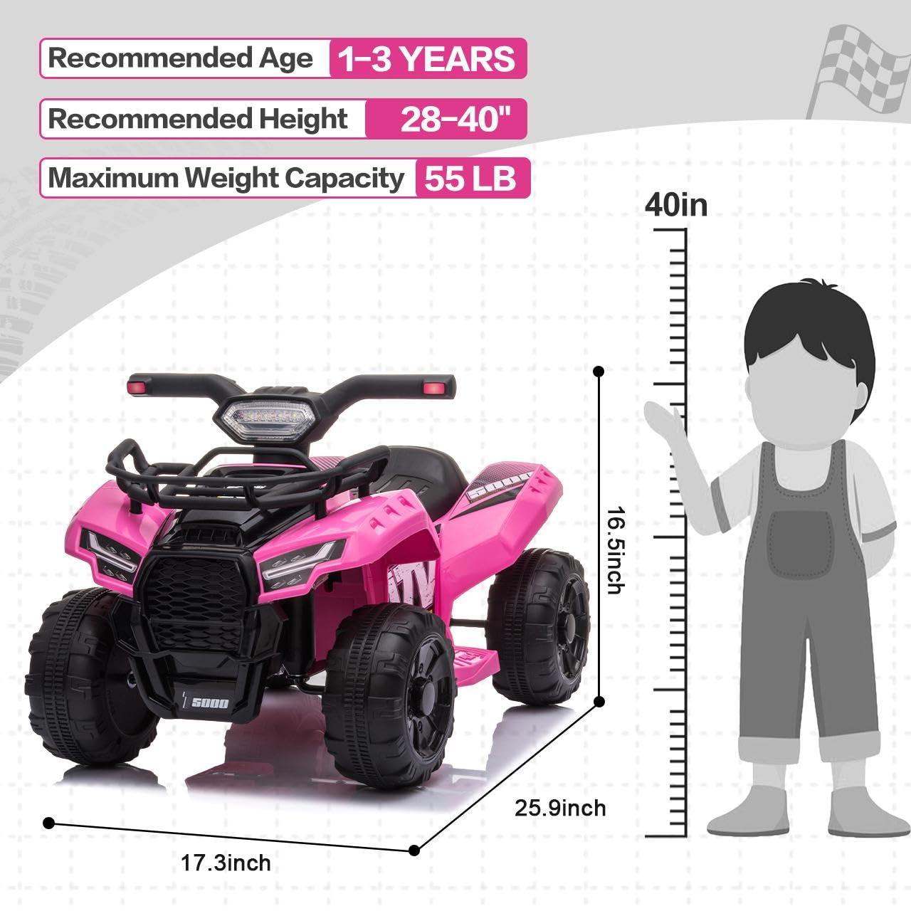 Kids Ride on ATV, 6V Battery Powered Kids Electric Vehicle, 4 Wheeler Quad w/Headlights, MP3, USB, Volume Control, Large Seat, Electric Ride on Toys Best Gifts for 18-36 Months Boys Girls (Black)