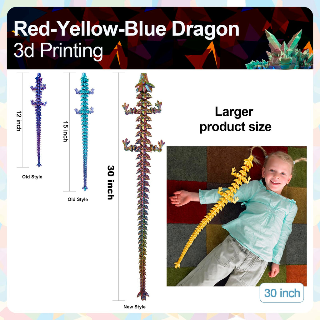 24" Large 3D Printed Dragon - Huge Articulated Crystal Dragon Fidget Toy, Giant Flexible 3D Dragon Figure, Birthday Gift for Boys Girls Kids & Collectors, Home Office Executive Desk Decor