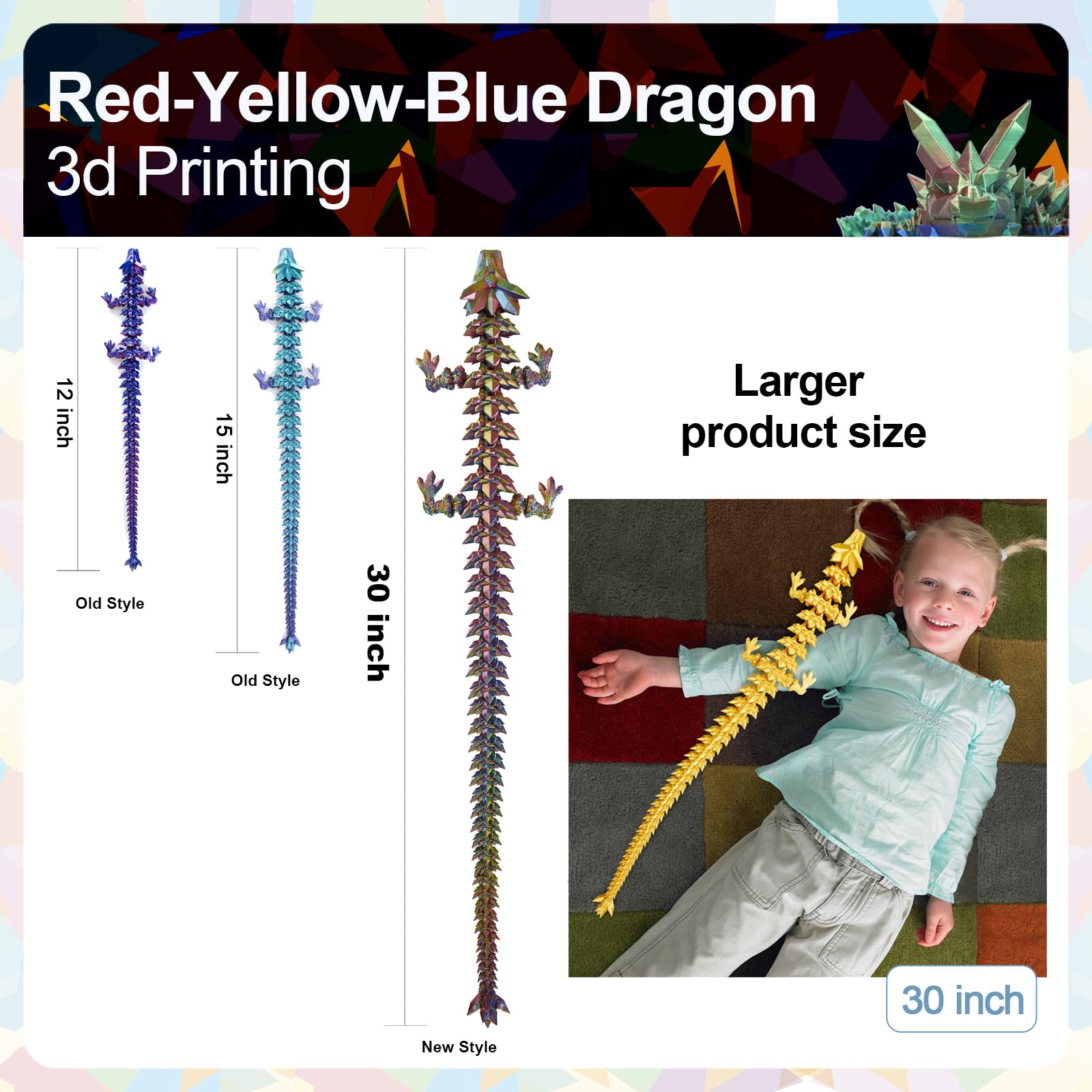24" Large 3D Printed Dragon - Huge Articulated Crystal Dragon Fidget Toy, Giant Flexible 3D Dragon Figure, Birthday Gift for Boys Girls Kids & Collectors, Home Office Executive Desk Decor