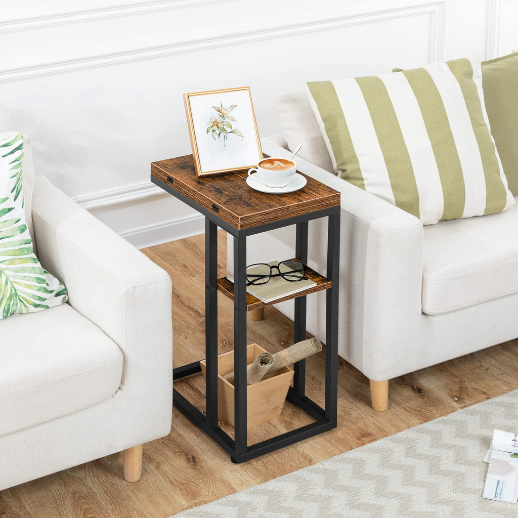 HOOBRO Foldable C Shaped End Table, C Shaped Side Table with Storage Shelf, Small Snack Table, Slide Under Couch Table for Sofa, Living Room Bedroom Small Spaces Easy Assembly, Black BK29SF01