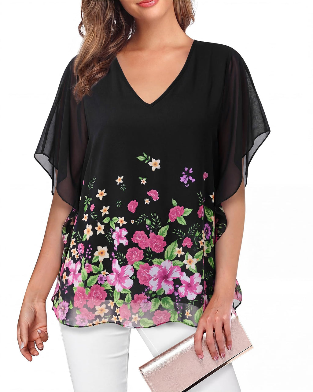 Lotusmile Women's Loose Flouncing Flutter Sleeve Double-Layered Shirt Chiffon Elegant Dressy Blouse Work Tops
