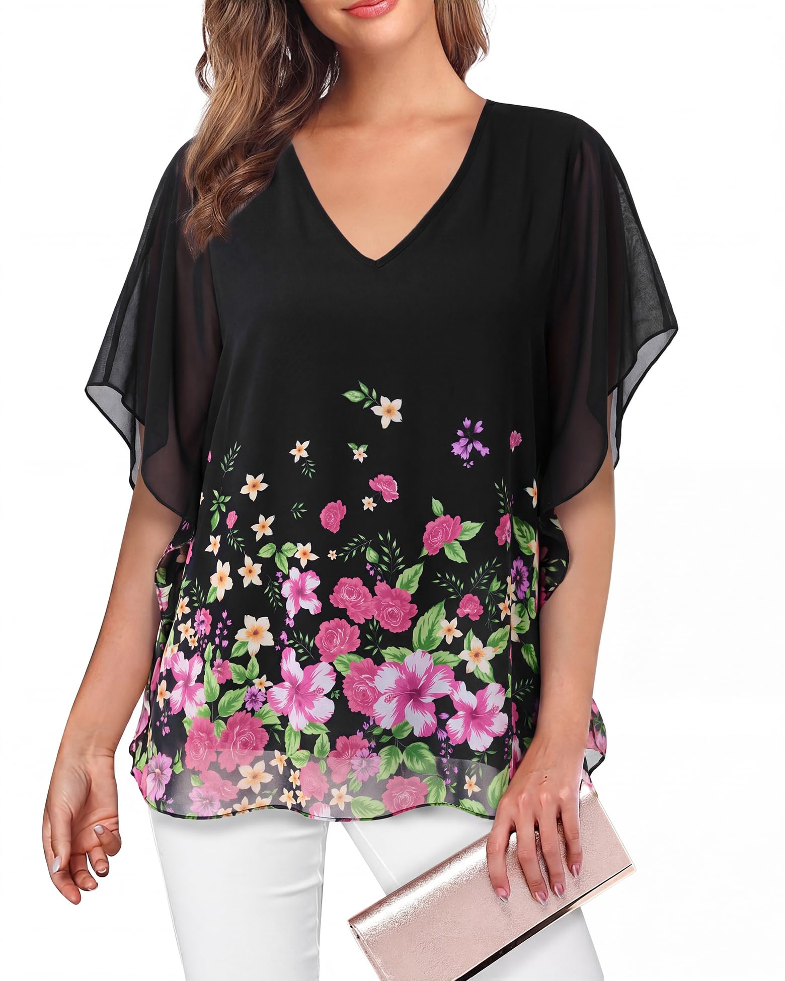 Lotusmile Women's Loose Flouncing Flutter Sleeve Double-Layered Shirt Chiffon Elegant Dressy Blouse Work Tops