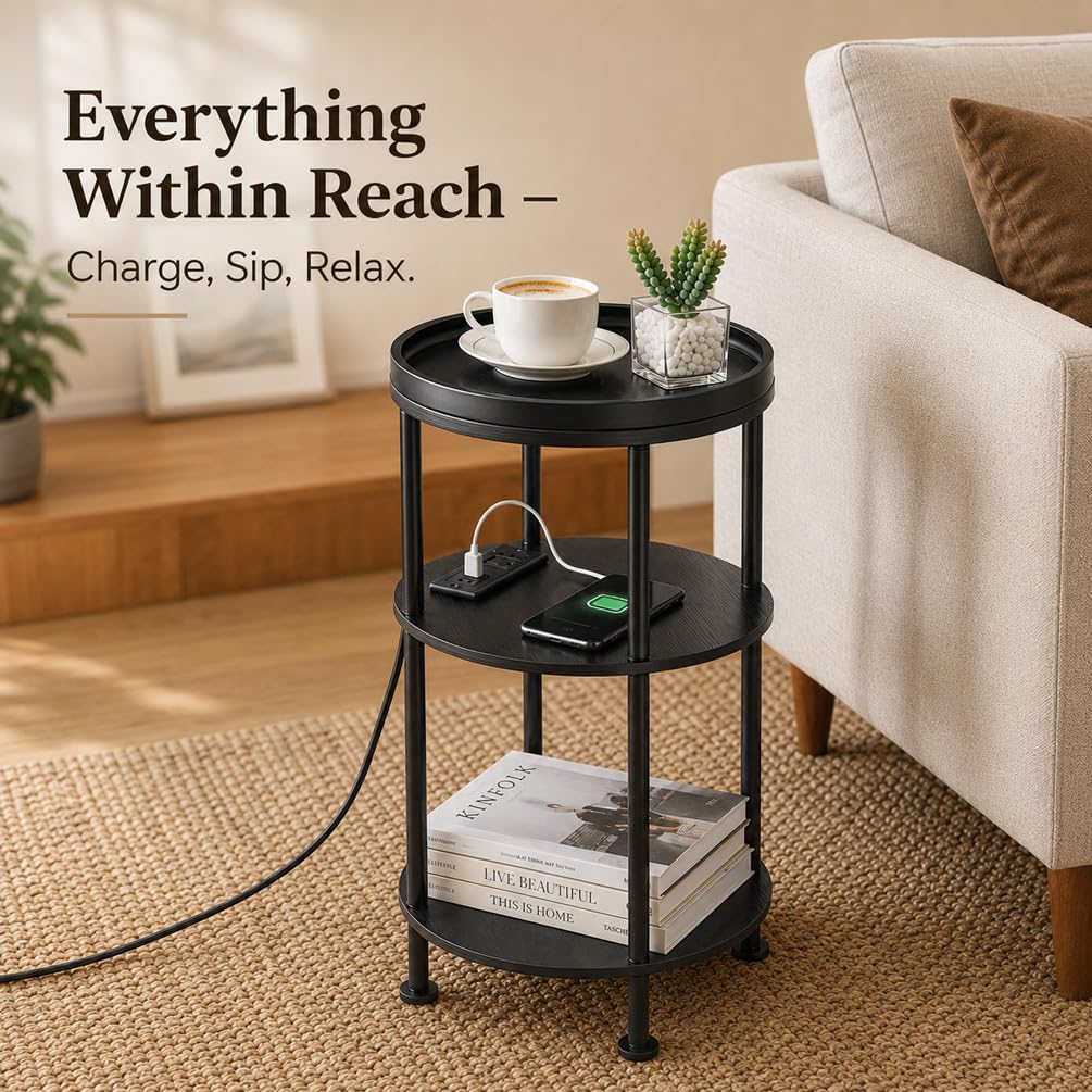 Small Round Side Table with Charging Station for Small Spaces, 3-Tier Accent Table with USB Ports & Power Outlets, Sofa Corner Tea Table for Living Room Nightstand Bedroom Apartment (Black)