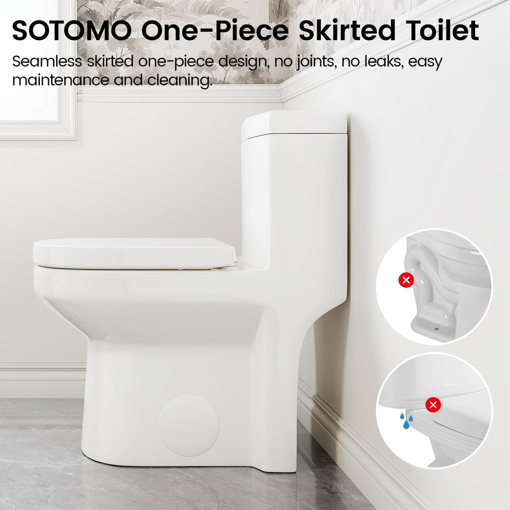 Compact One Piece Toilet for Bathroom, Space-Saving Powerful Dual Flush Round Small Toilet, Average 1.28 GPF, Skirted Design with Upgraded UF Quiet & Soft Close Seat (10" Rough-in Toilet)