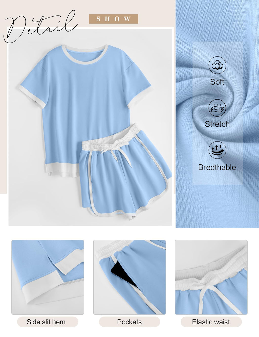 AKEWEI Shorts Sets Women 2 Piece Outfits Casual Short Sleeve Crewneck Tops and Drawstring Shorts Color Block Sets