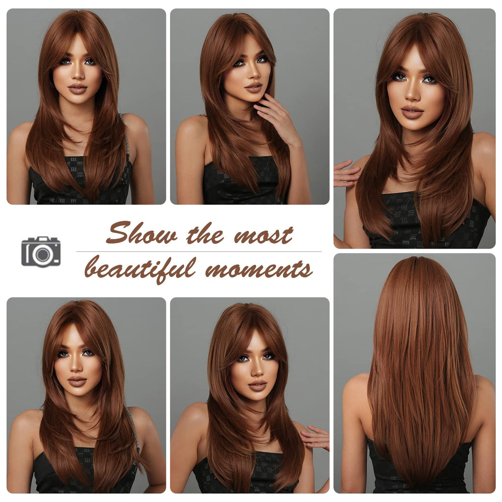 HAIRCUBE Auburn Wigs for Women,Long Layered Orange Wigs with Bangs Heat Resistant Synthetic Fibre Wigs(pelucas de cabello natural)