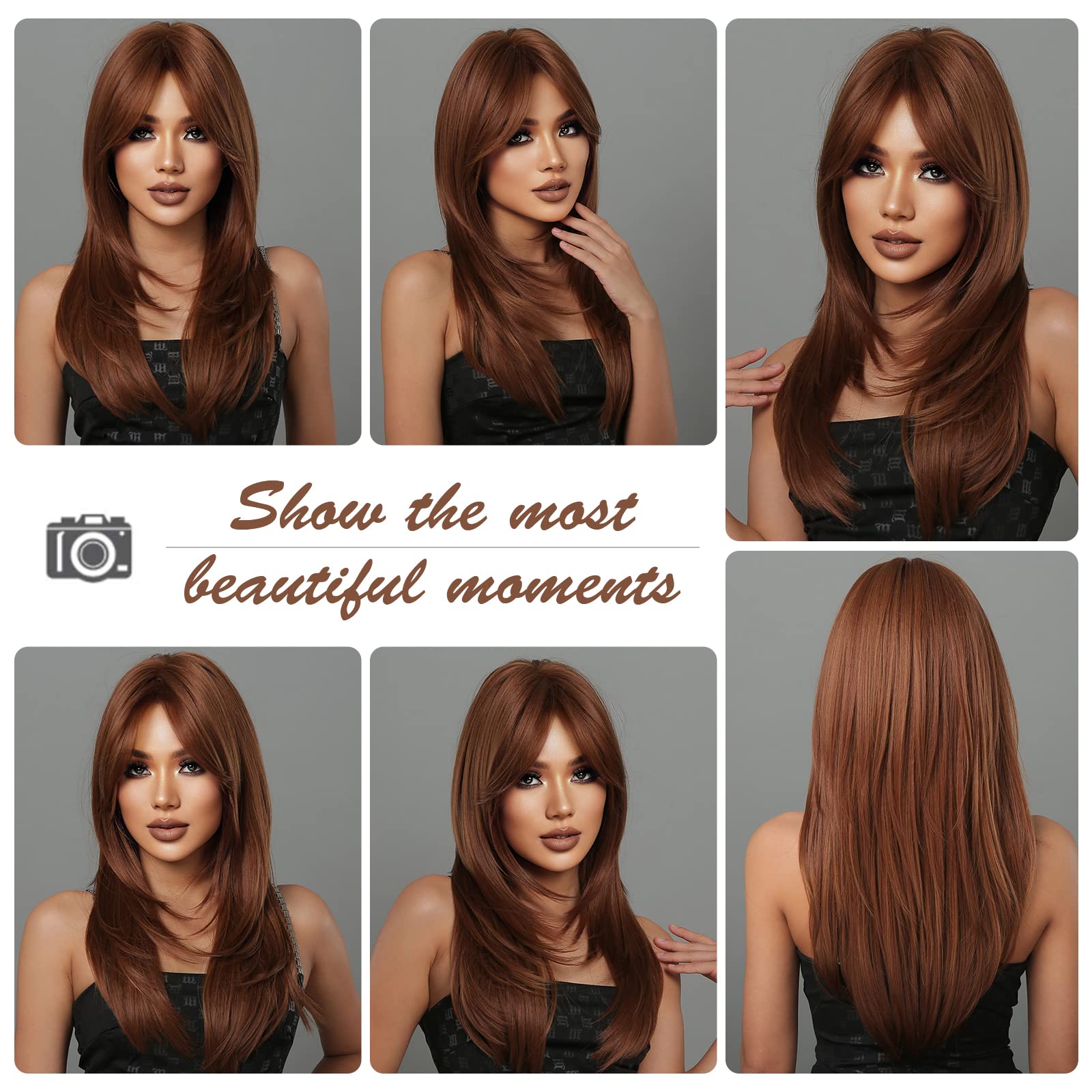 HAIRCUBE Auburn Wigs for Women,Long Layered Orange Wigs with Bangs Heat Resistant Synthetic Fibre Wigs(pelucas de cabello natural)