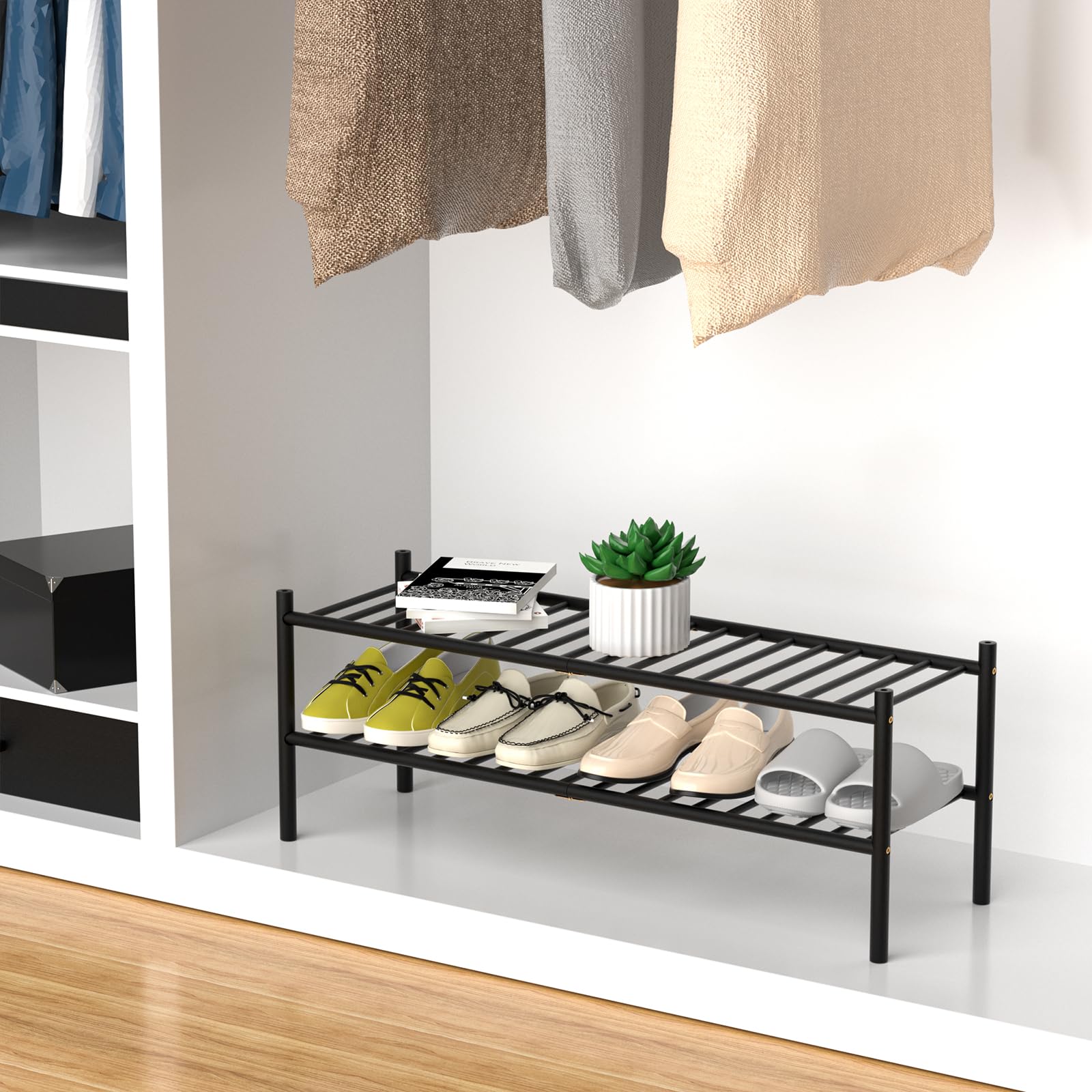 ROMGUAR CRAFT 2-Tier Bamboo Long Shoe Rack, Free Standing Wood Shoe Shelf Storage Organizer for Closet Entryway Stackable 35"x11"x13" (Black)