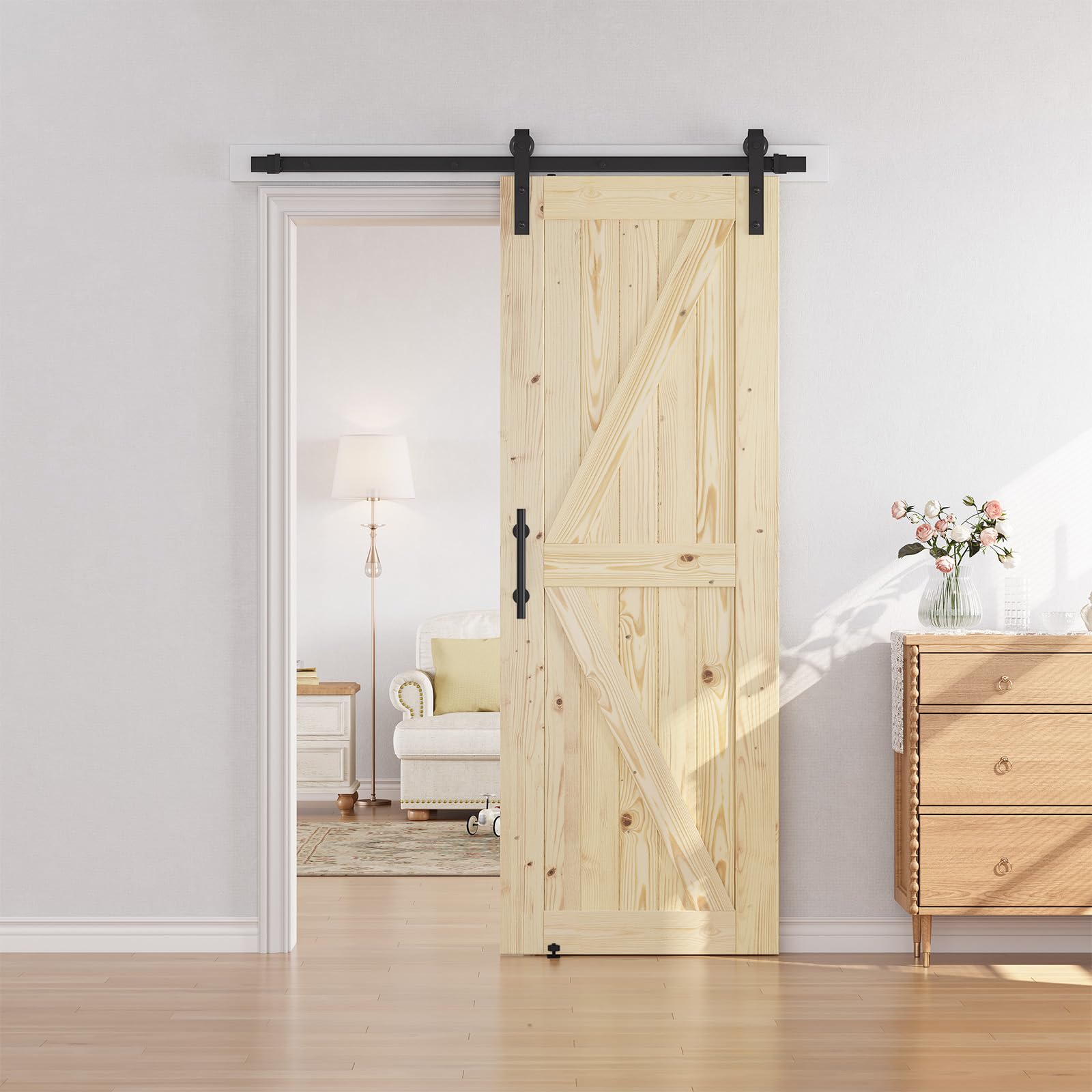 SmartStandard 24in x 80in Sliding Barn Wood Door Pre-Drilled Ready to Assemble, DIY Unfinished Solid Spruce Wood Panelled Slab, Interior Single Door Only, Natural, K-Frame (Fit 4FT Rail)