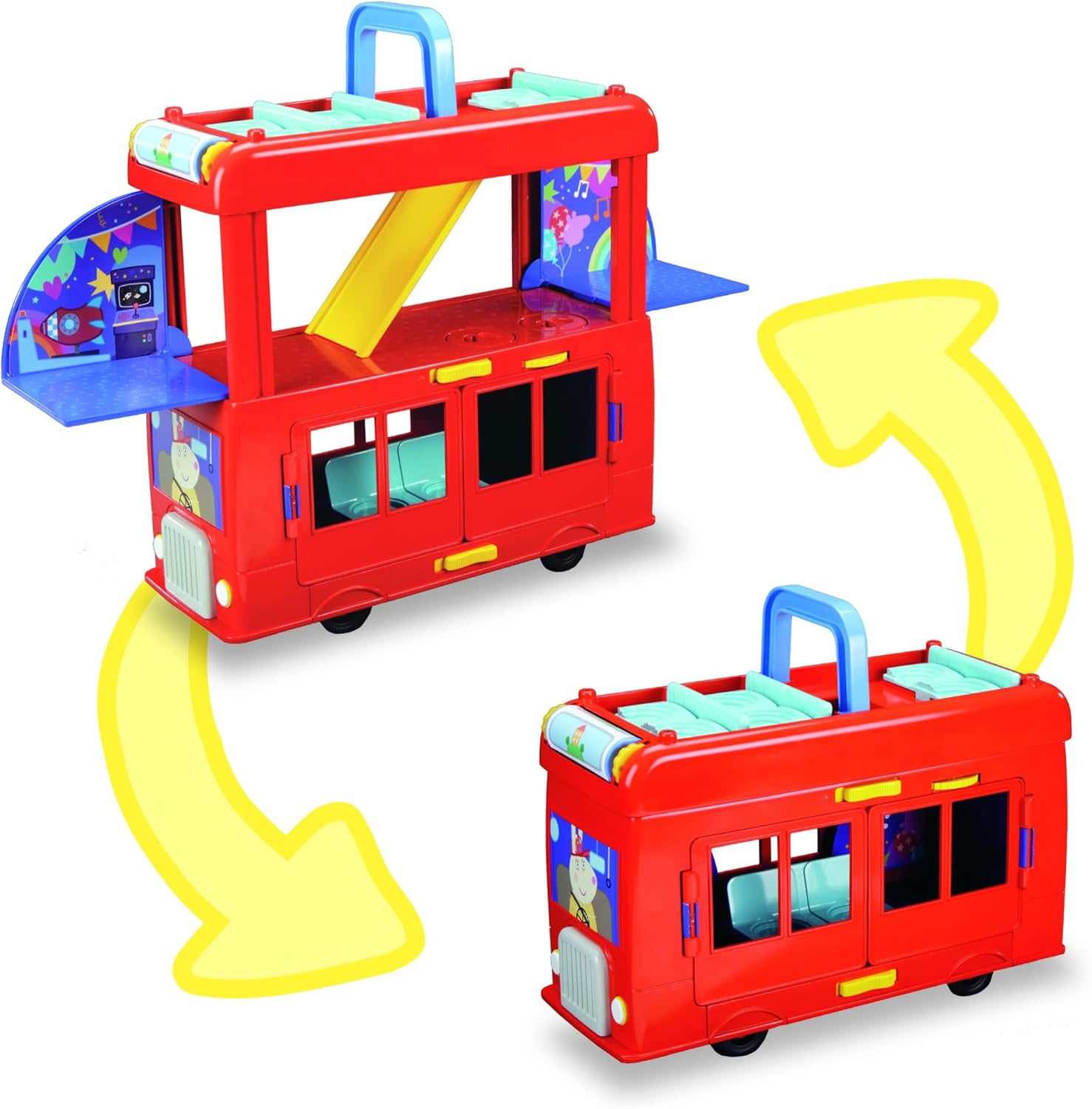Peppa Pig 2-in-1 Party Bus Playset with 3 Figures and 13 Accessory Pieces, Preschool Toys for Girls and Boys, Kids Gifts, Ages 3+