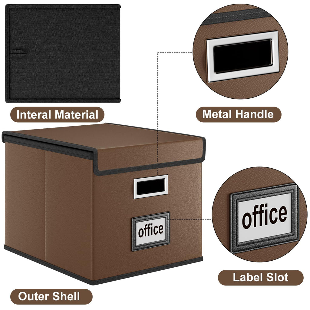 File Organizer Box with Lid, Collapsible Faux Leather Hanging File Folder Box Organizer with Plastic Slides, Decorative Home/Office Filing System Boxes for File and Folders Storage