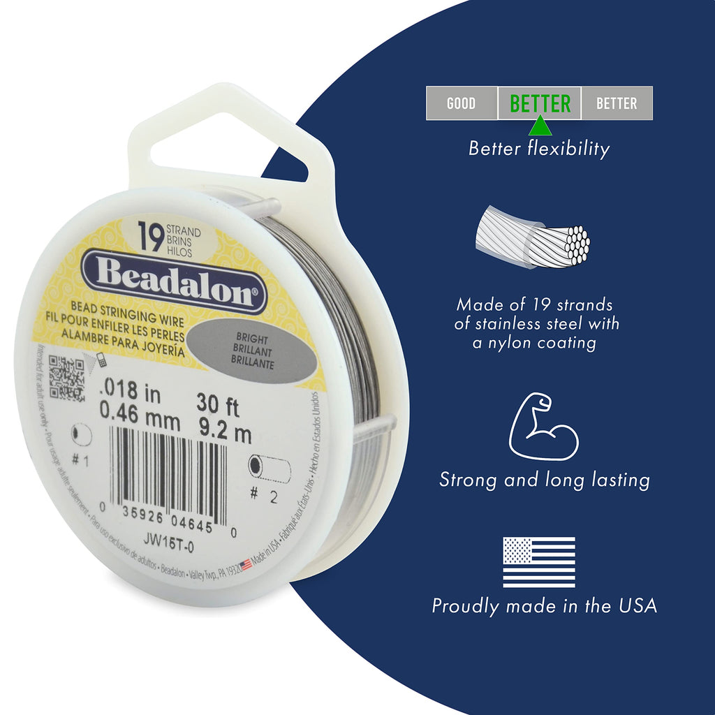 Beadalon 19 Strand Stainless Steel Bead Stringing Wire, .010 in / 0.25 mm, Bright, 100 ft / 31 m