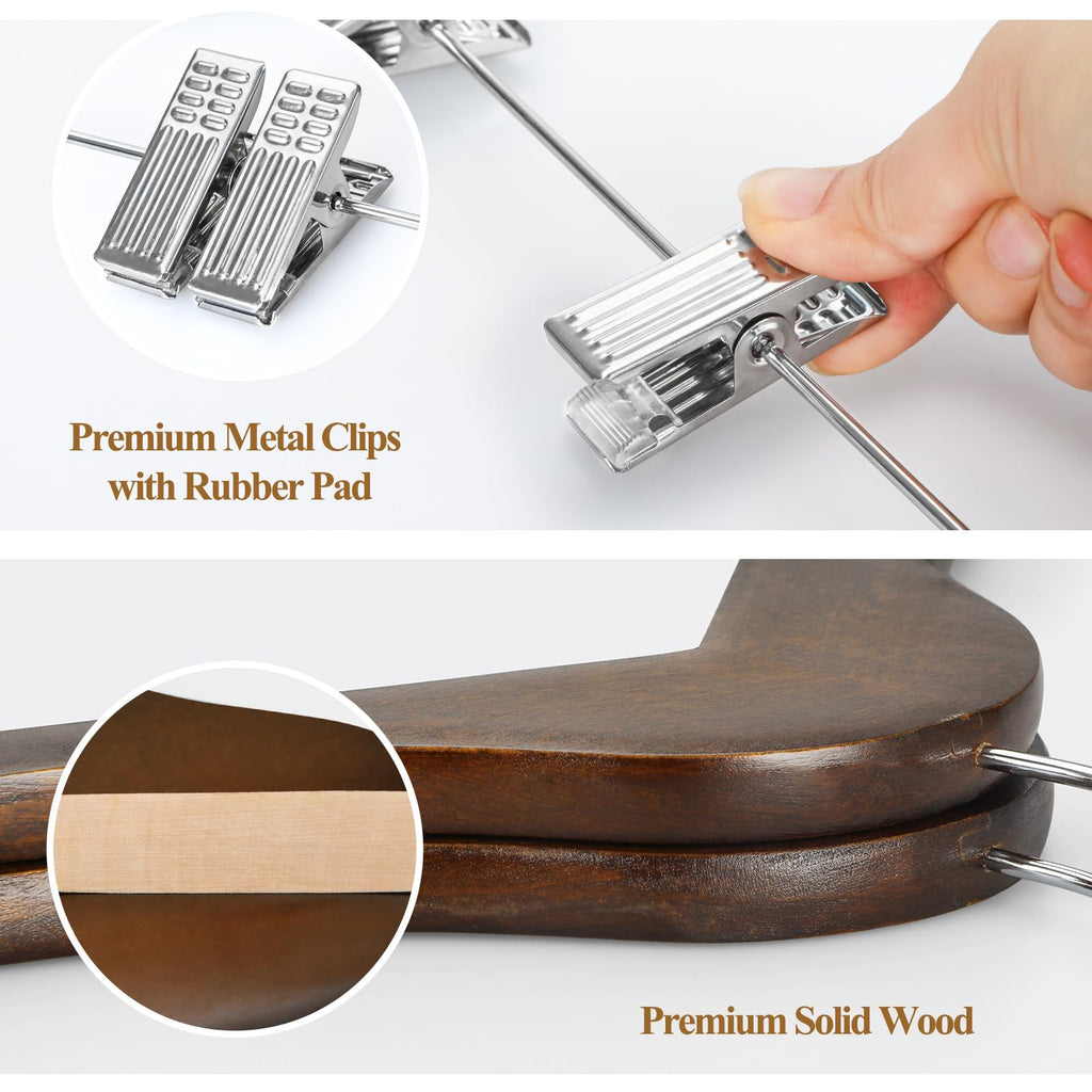 TOPIA HANGER Wooden Suit Hangers with Adjustable Metal Clips (10 Pack), Solid Wood Clothes Hangers, 360° Swivel Hook, Premium Retro Finish Pants Hangers for Clothes Coat, Jeans, Blouse-CT28A