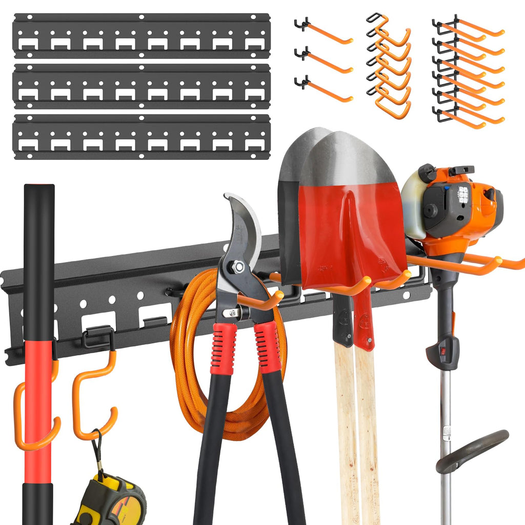 Garden Tool Organizer Wall Mount - Garage Storage and Organization Yard Tool Hanger with Adjustable Pegboard Hooks Shed Rack for Broom Mop Shovel Rake Trimmers, 32 inch Max 350lbs, Black