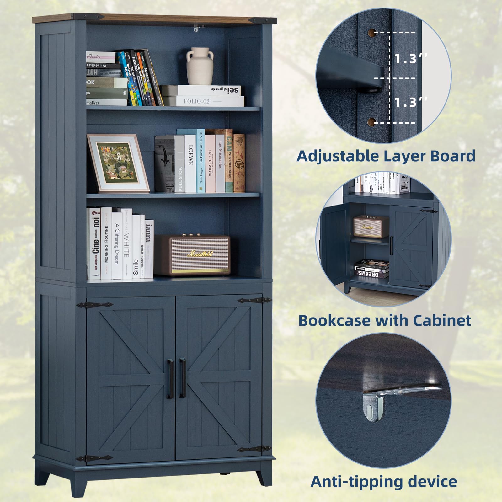 Joaxswe 70in Tall Bookshelf 5 Tier Bookcase with Barn Doors and Adjustable Shelves, Black Farmhouse Book Shelf with Storage Cabinet, Wood Freestanding Display Bookshelves for Bedroom, Living Room