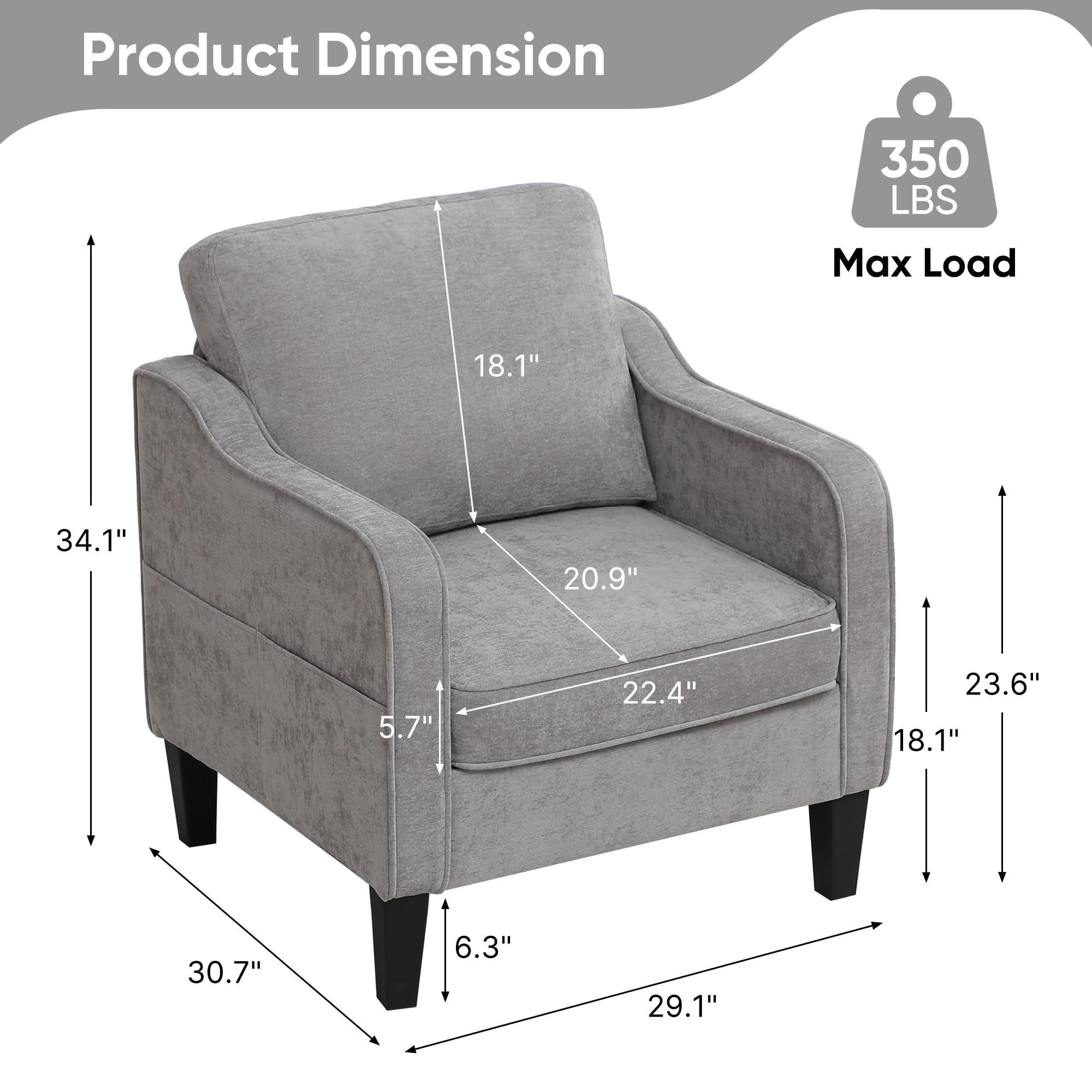 Accent Chair for Living Room, Mid Century Modern Reading Chair for Bedroom, Upholstered Armchair with Side Pockets, Comfy Single Sofa Side Chair for Office, Apartment, Small Room, Beige