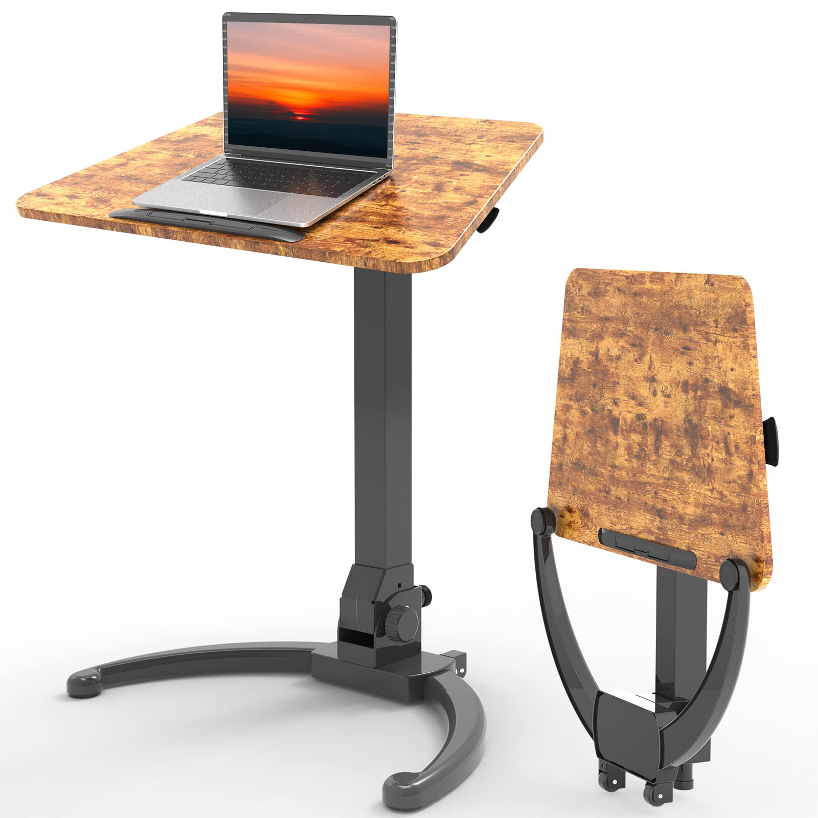 JOY worker Foldable Mobile Standing Desk, Height Adjustable Sit Stand Desk, 90° Tiltable Rolling Laptop Table, Portable Workstation with Non-Slip Mat for Home Office, Holds Up to 22lbs, Black