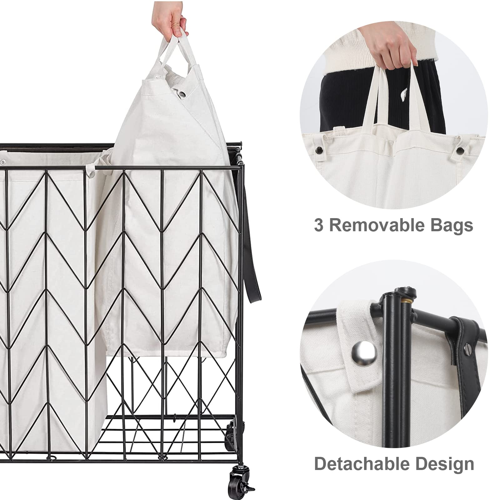 WOWLIVE Laundry Basket with Wheels, Heavy Duty Laundry Hamper with Wood Lid, Clothes Hamper with Divided Removable Liner Bag, Large Capacity Iron-Made Laundry Sorter Laundry Room Organization (Beige)
