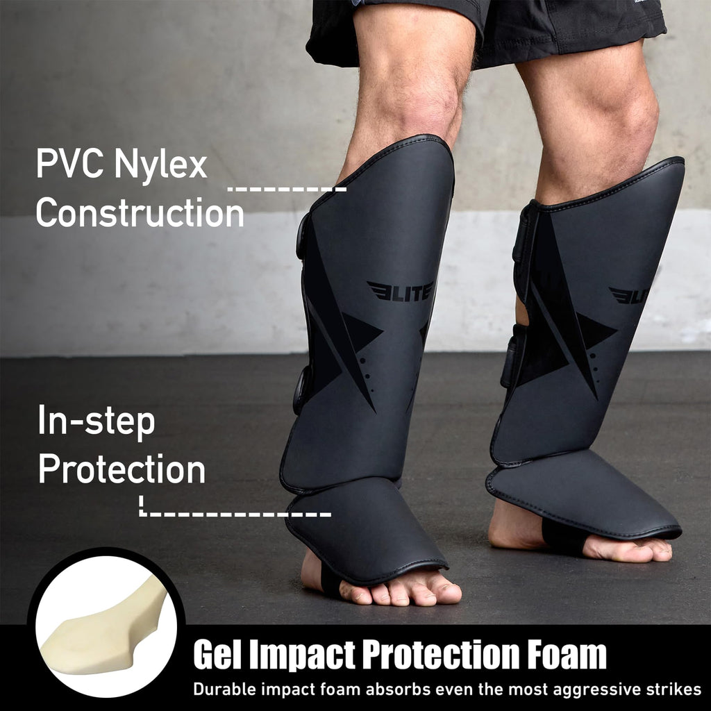 Elite Sports Muay Thai Shin Guards Kickboxing MMA Muay Thai Leg Instep Protective Pads, Martial Art Kicking Sparring Training Gear for BJJ Karate Boxing Taekwondo