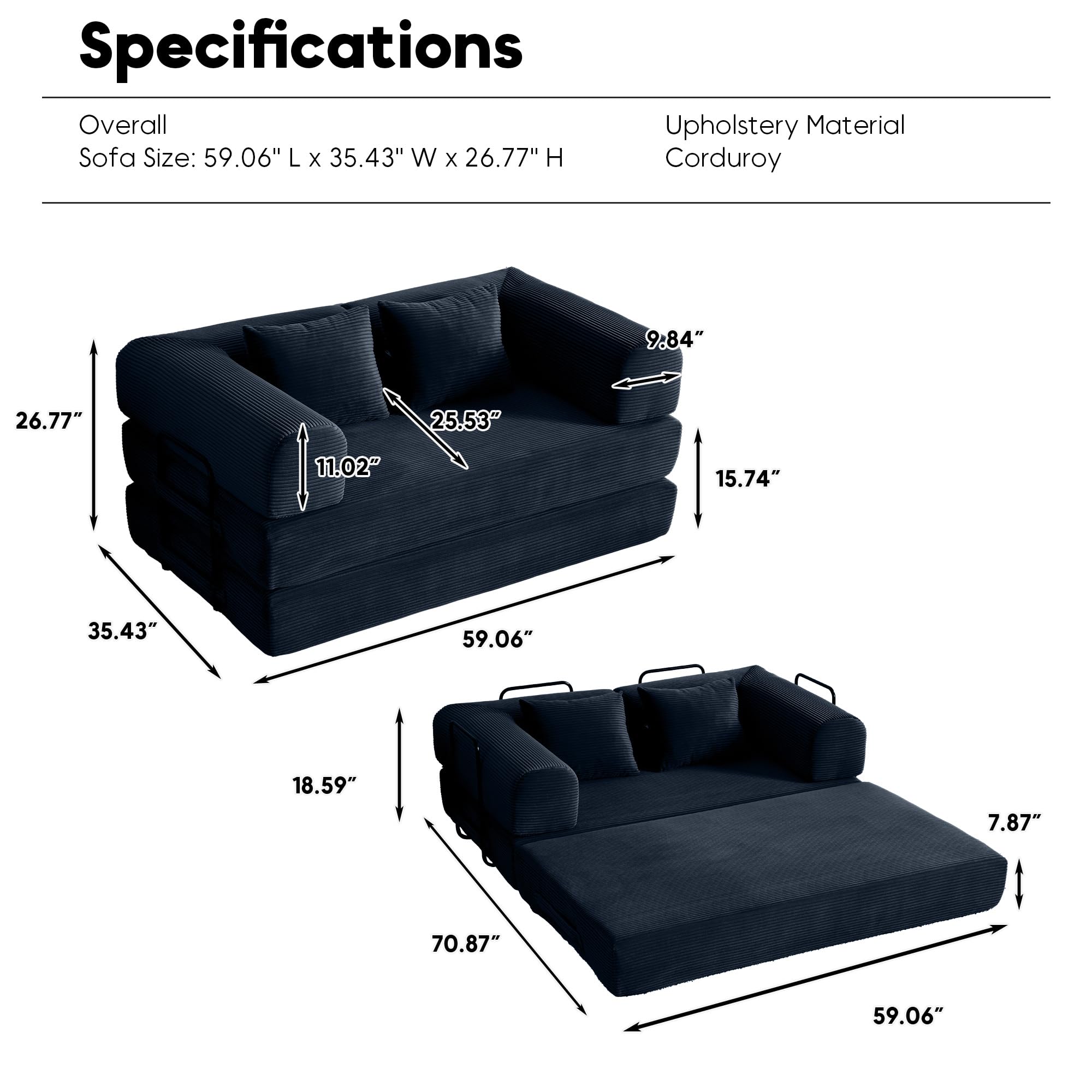 ZEIINPA 59“ Convertible Floor Sofa Bed, 5-in-1 Futon Sofa Bed Pull Out Sleeper Couch, Modern Corduroy Compressed Loveseat, Modular Boneless Couches for Living Room, No Assembly Required, Beige