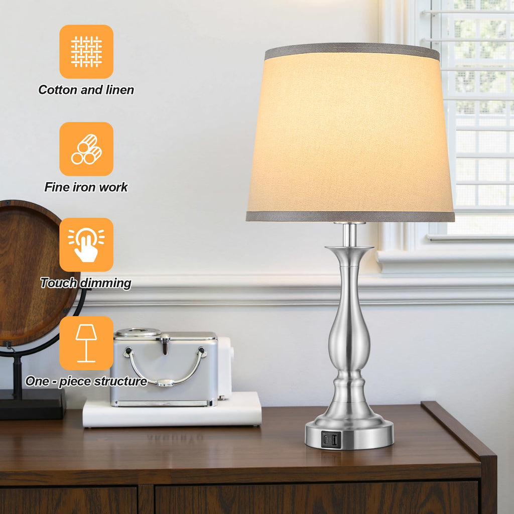 Bedside Table Lamp Touch Control Bedroom Lamps with USB A and C Charging Port 3 Way Dimmable Touch Lamps for Nightstand Living Room Bedroom Dorm Home Office Reading, Set of 2