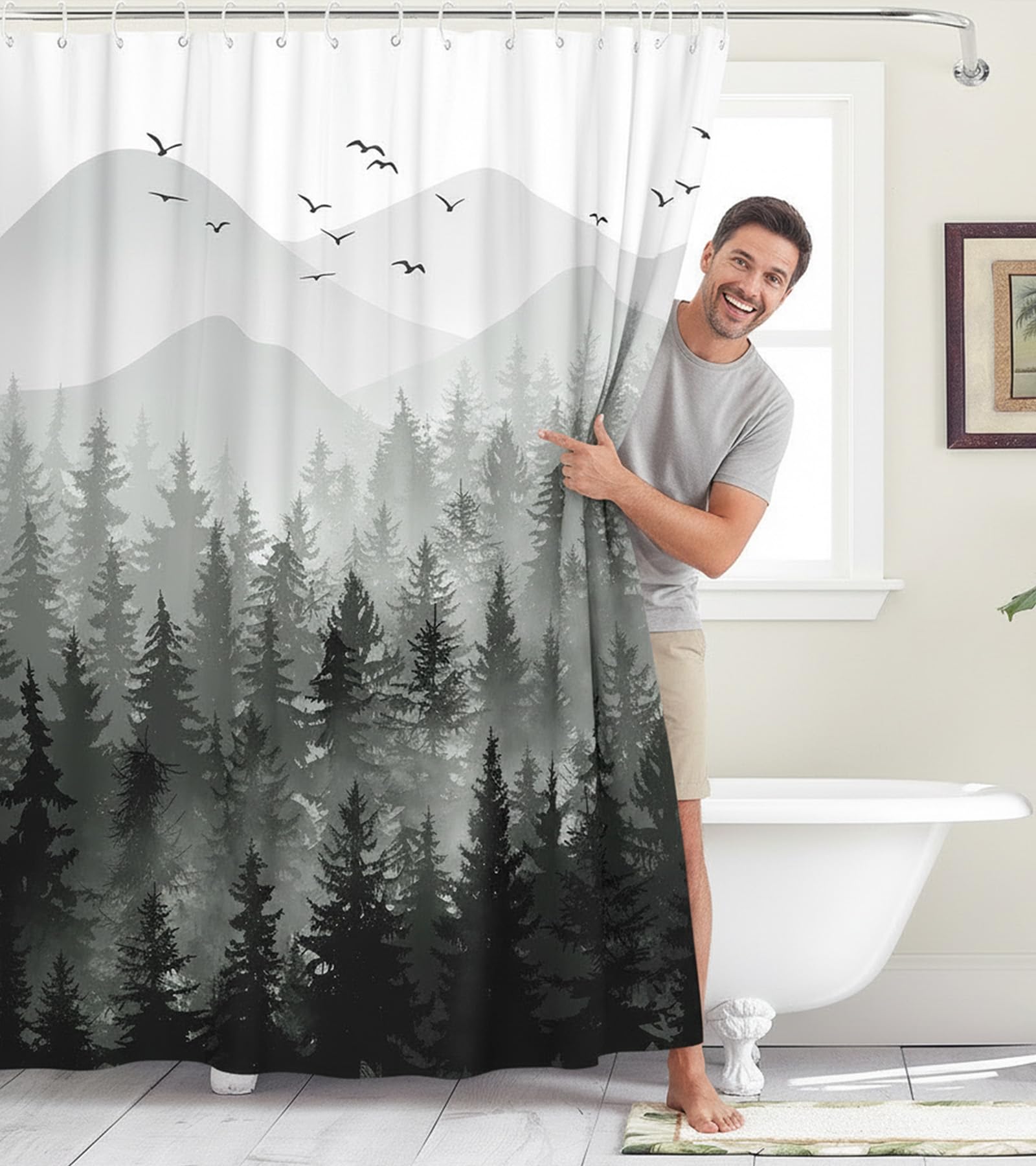 Stall Small Black and White Misty Forest Shower Curtain Ombre Gray Grey Mountain Pine Tree Waterproof Fabric Shower Curtains for Bathroom Nature Woodland Decorative Bath Curtain Decor 36×72 Inches