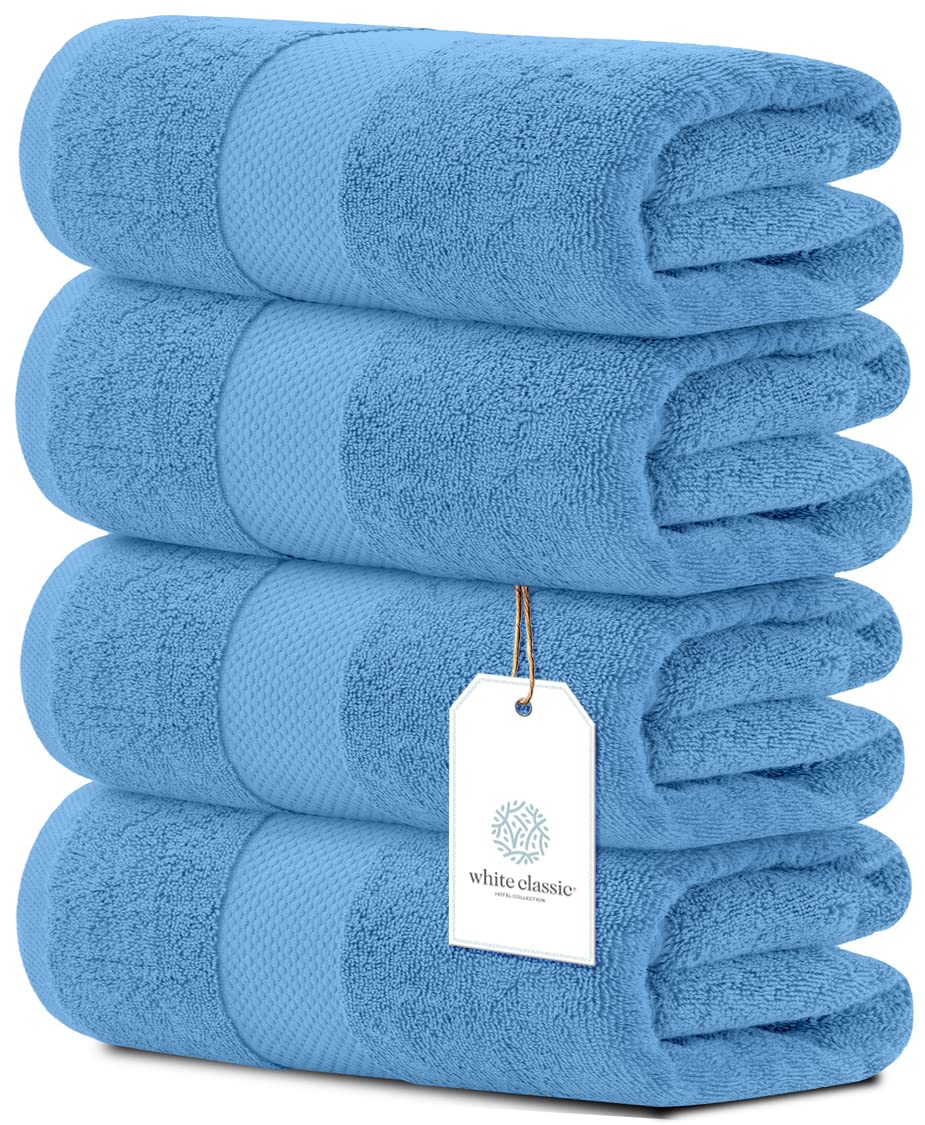 White Classic Luxury Bath Towels Set of 4 Large - 700 GSM Turkish Cotton Ultra Soft Bath Towels 27x54 | Highly Absorbent and Quick Dry | Hotel Towels for Bathroom Luxury, Plush Shower Towels, White