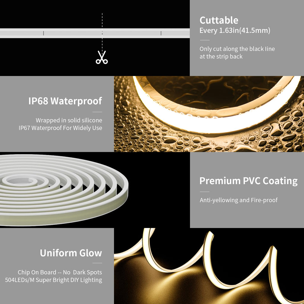PAUTIX COB LED Strip Neon Rope Light 16.4ft/5m, 2700K Warm White 504 LEDs/m 24V,Silicone LED Neon Light IP68 Waterproof for Outdoor Indoor Lighting Decor(Power Supply NOT Included)