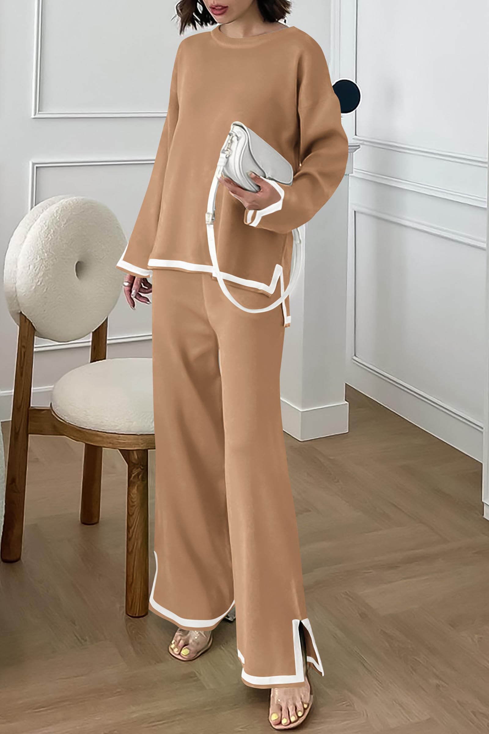 PRETTYGARDEN Women's 2 Piece Knit Sweater Set Travel Outfits | Long Sleeve Tops, Wide Leg Pants, Soft Matching Sweat Track Suits, Casual Fall Winter Clothes for Brunch, Going Out & Cruise