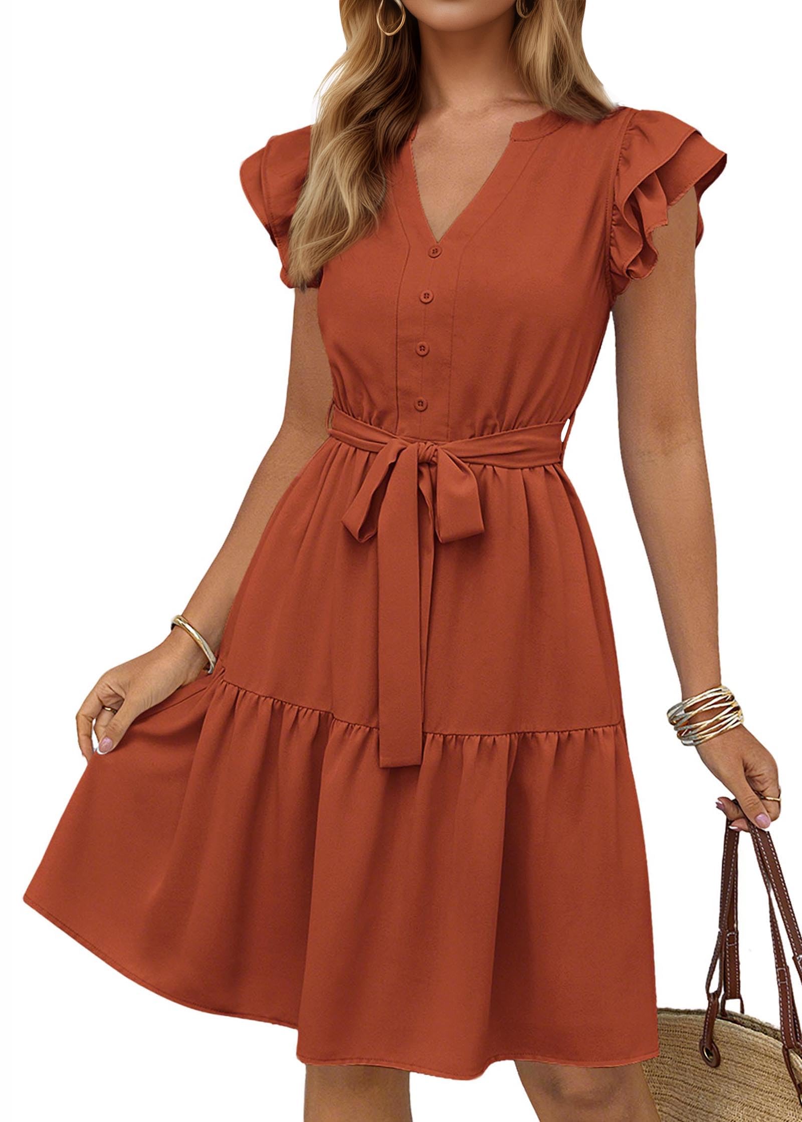 KIRUNDO Summer Dresses for Women 2026 Spring Flutter Sleeve V Neck Ruffle Flowy Tiered Knee Length Beach Vacation Sundress