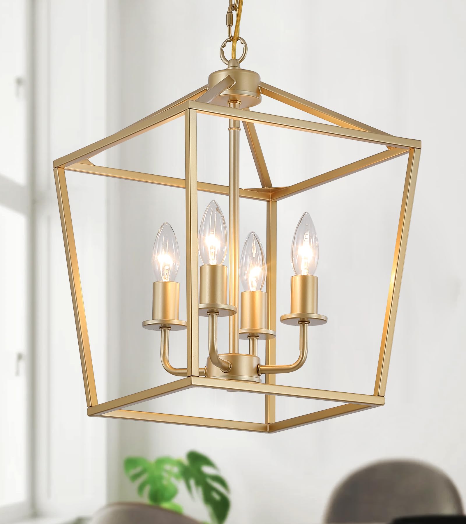 AMZASA UL Listed Black Industrial 4 Light Lantern Chandelier Ceiling Light Fixtures Farmhouse Metal Cage Rustic Geometric Pendant Light for Kitchen Island Entryway Dining Room Stairs and Hallway