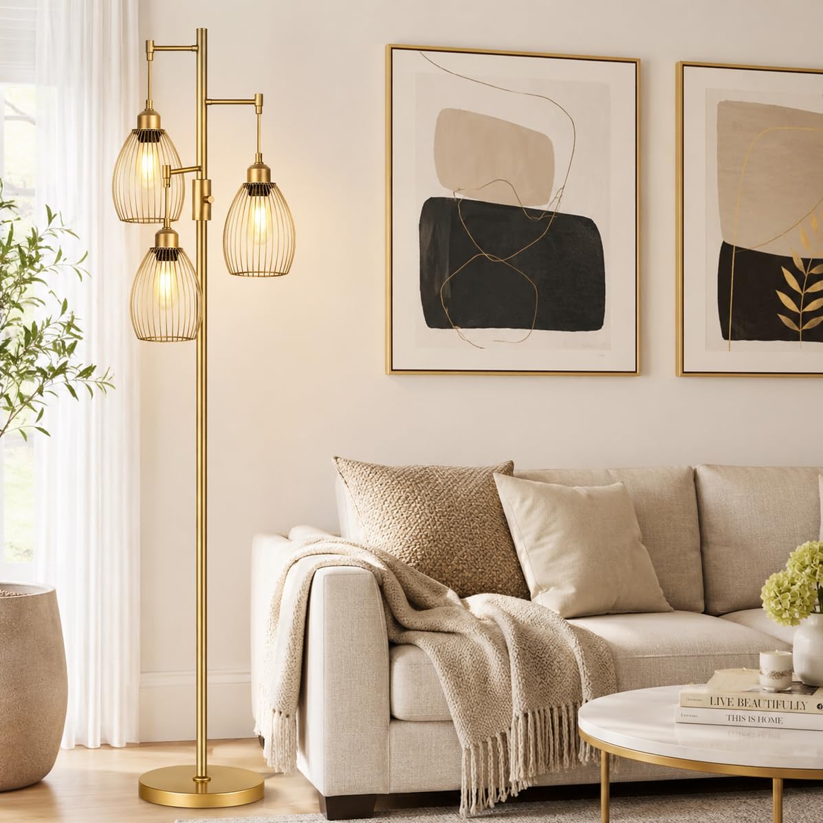 Dimmable Floor Lamp, 3 x 800LM LED Edison Bulbs Included, Farmhouse Industrial Floor Lamp Standing Tree Lamp with Elegant Teardrop Cage Tall Lamps for Living Room Bedroom Office Dining Room-Brass